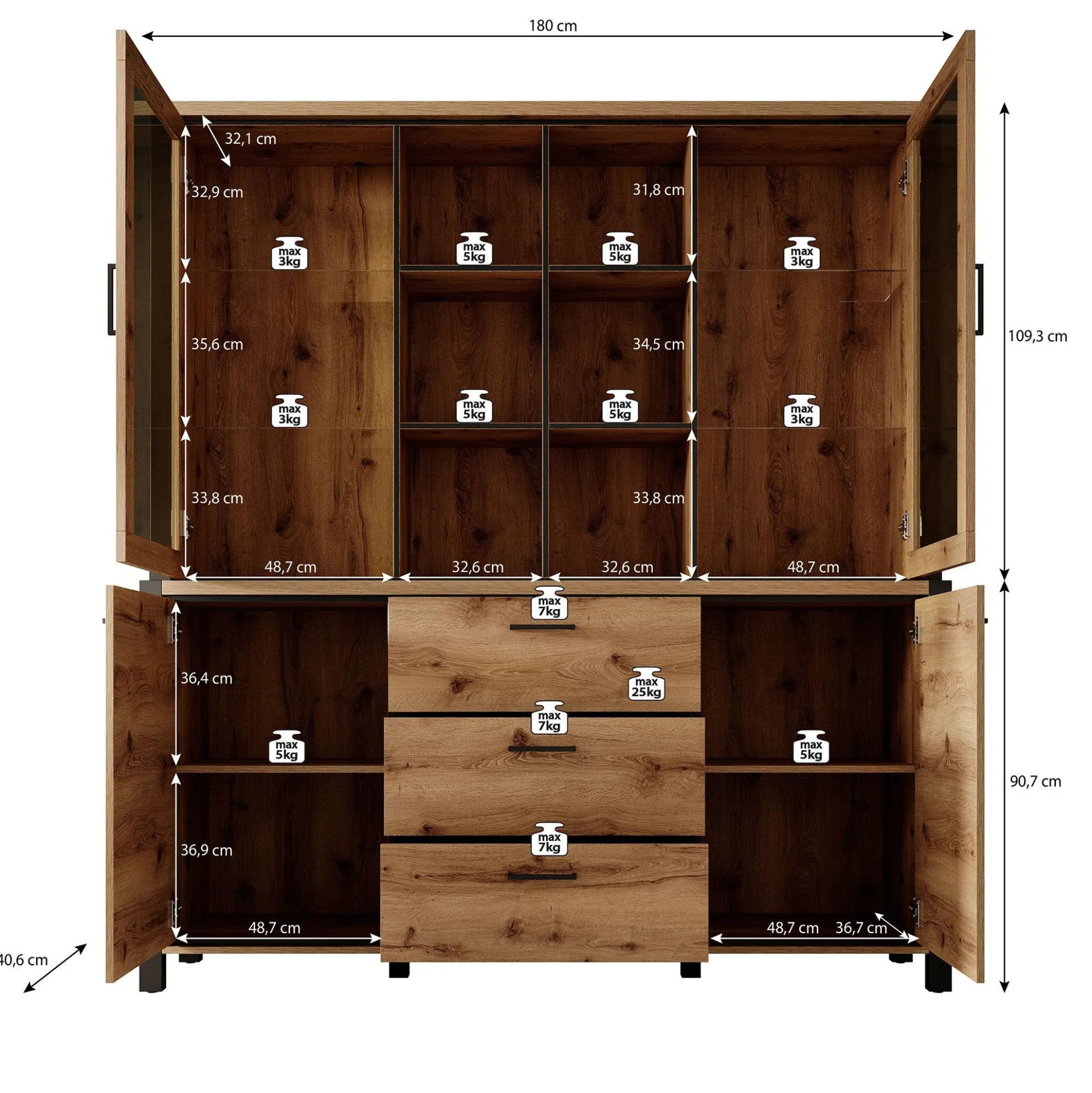 Acapulco - Buffetkast - Eiken/zwart - 180x41x200 cm