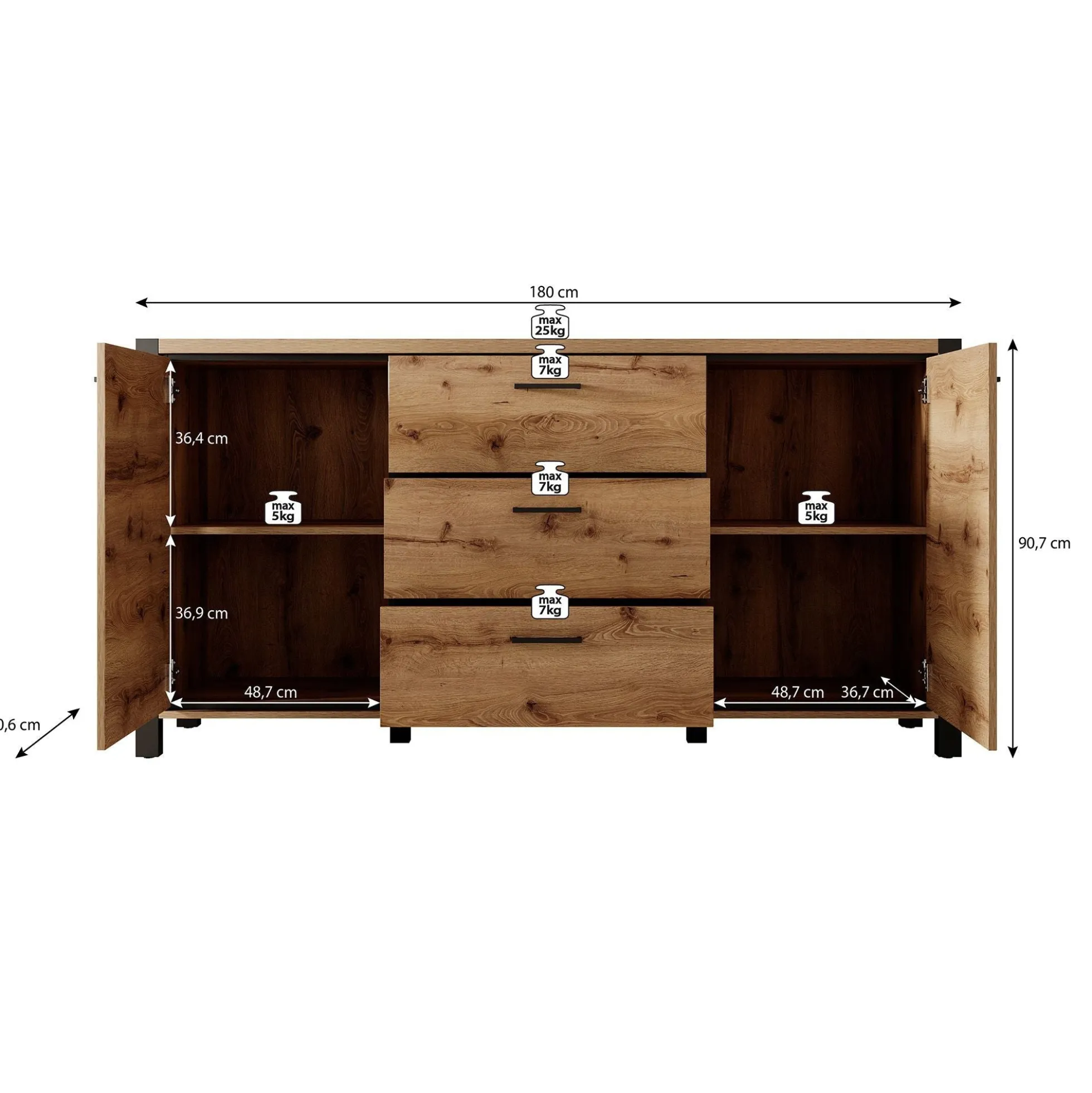 Acapulco - Dressoir - Eiken/zwart - 180x41x91 cm