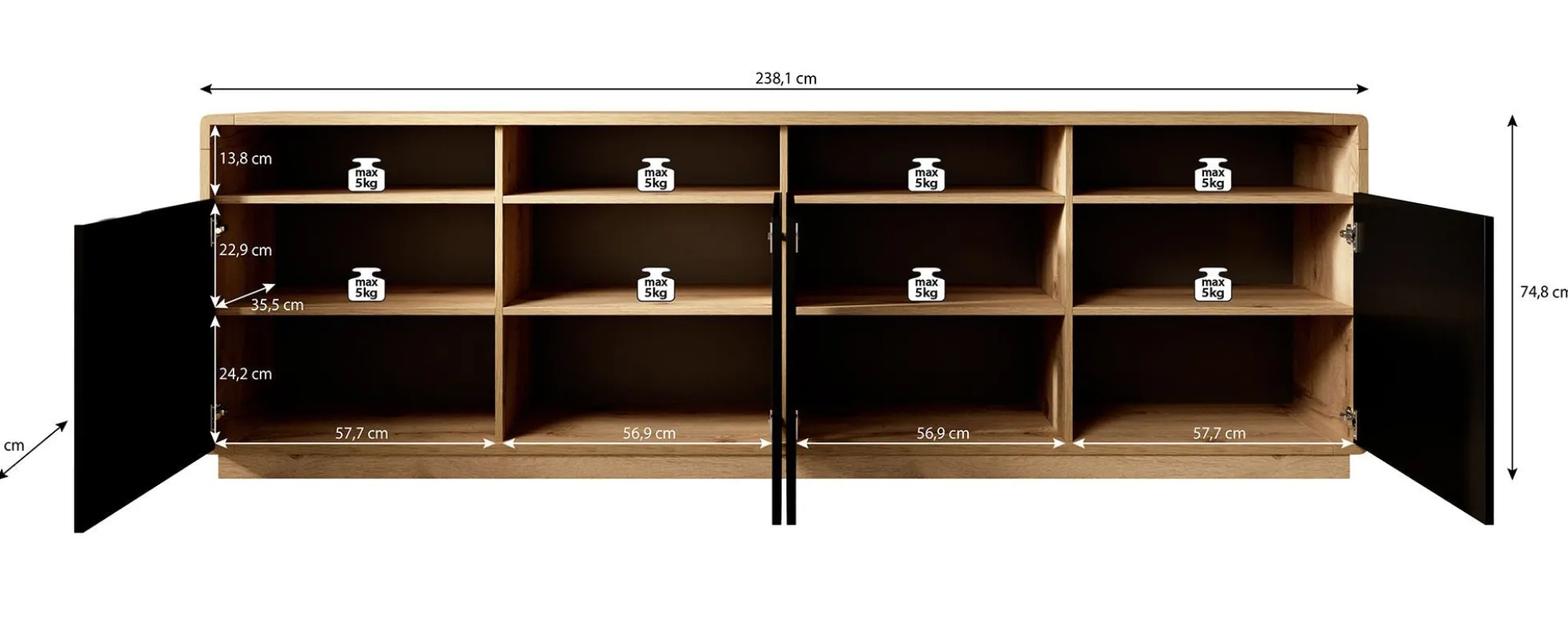 Acuna - Dressoir - Zwart/eiken - 238x40x75 cm