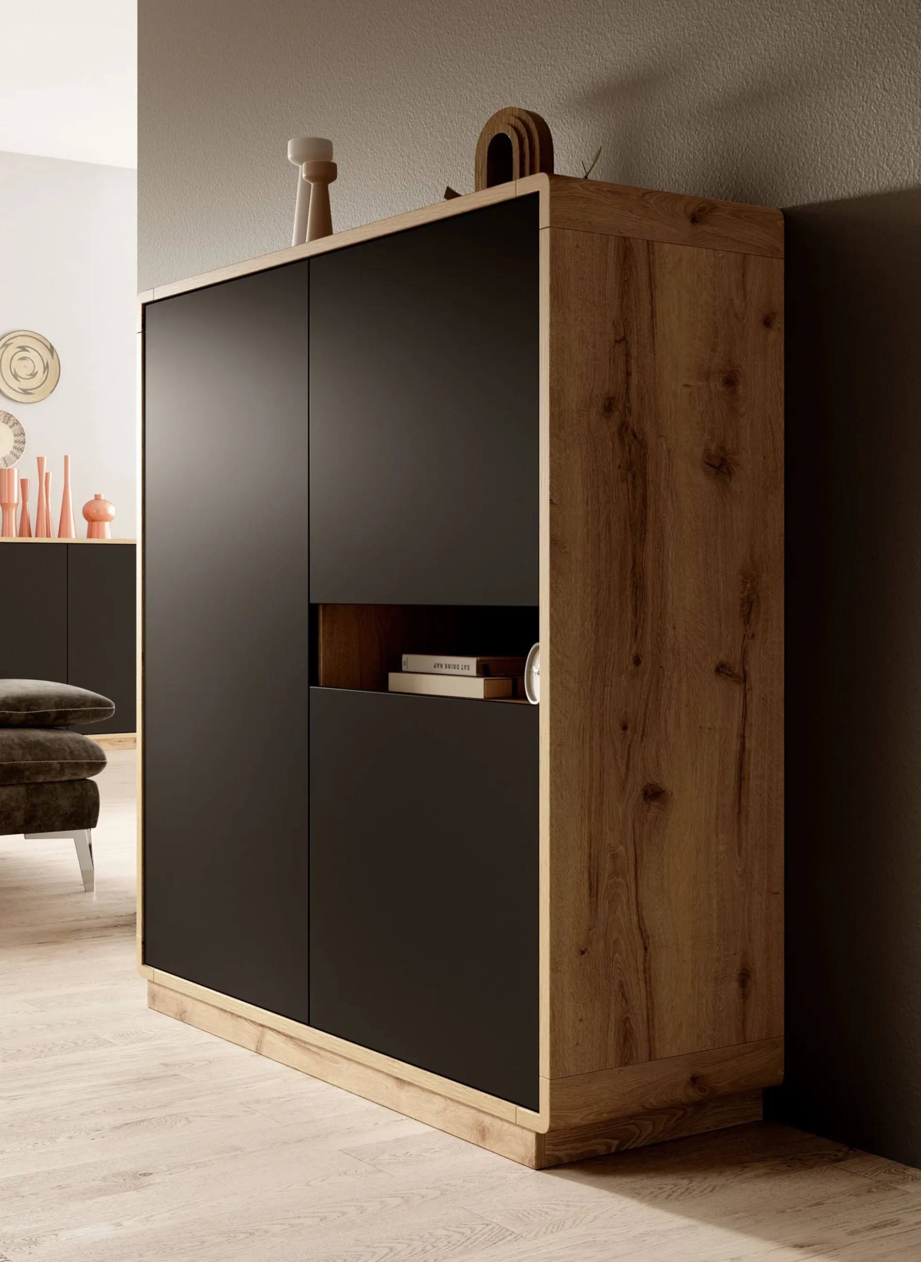Acuna - Opbergkast met 3 deuren - Zwart/eiken - 121x40x126 cm