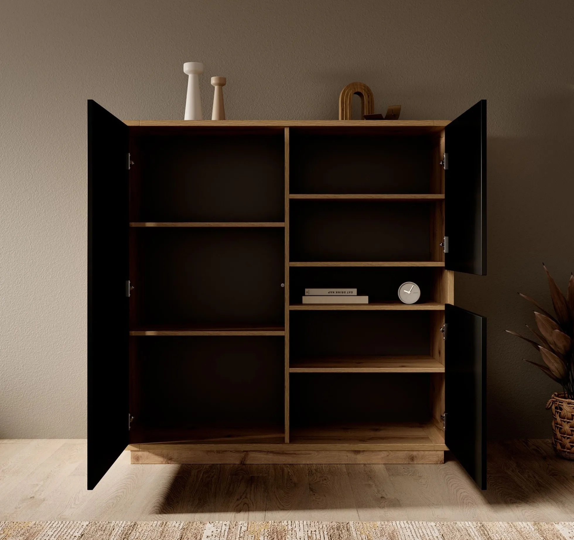 Acuna - Opbergkast met 3 deuren - Zwart/eiken - 121x40x126 cm