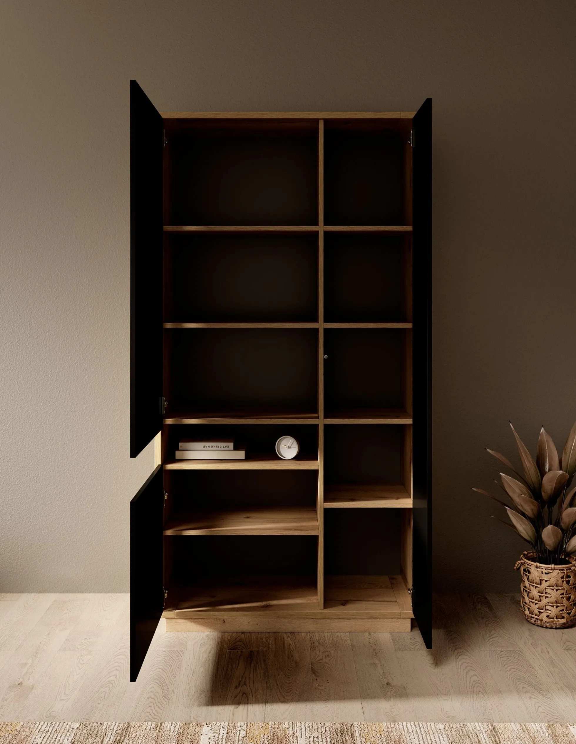 Acuna - Vitrinekast - Zwart/eiken - 92x40x181 cm