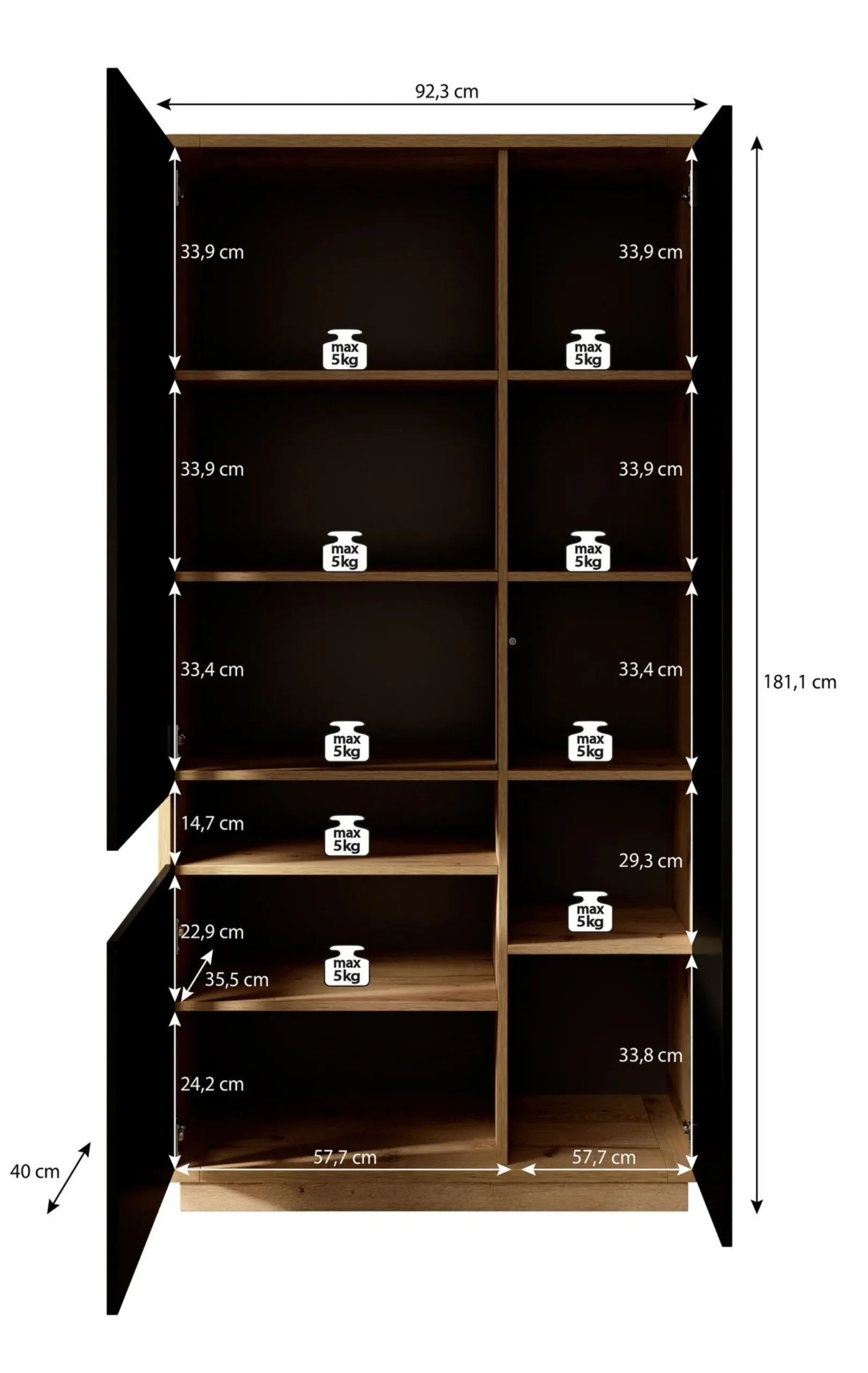 Acuna - Vitrinekast - Zwart/eiken - 92x40x181 cm