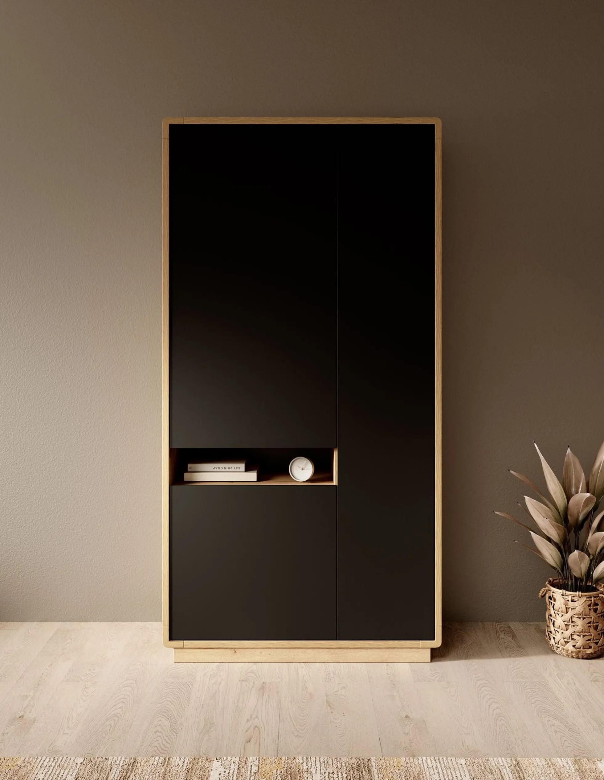 Acuna - Vitrinekast - Zwart/eiken - 92x40x181 cm