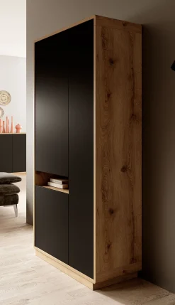Acuna - Vitrinekast - Zwart/eiken - 92x40x181 cm