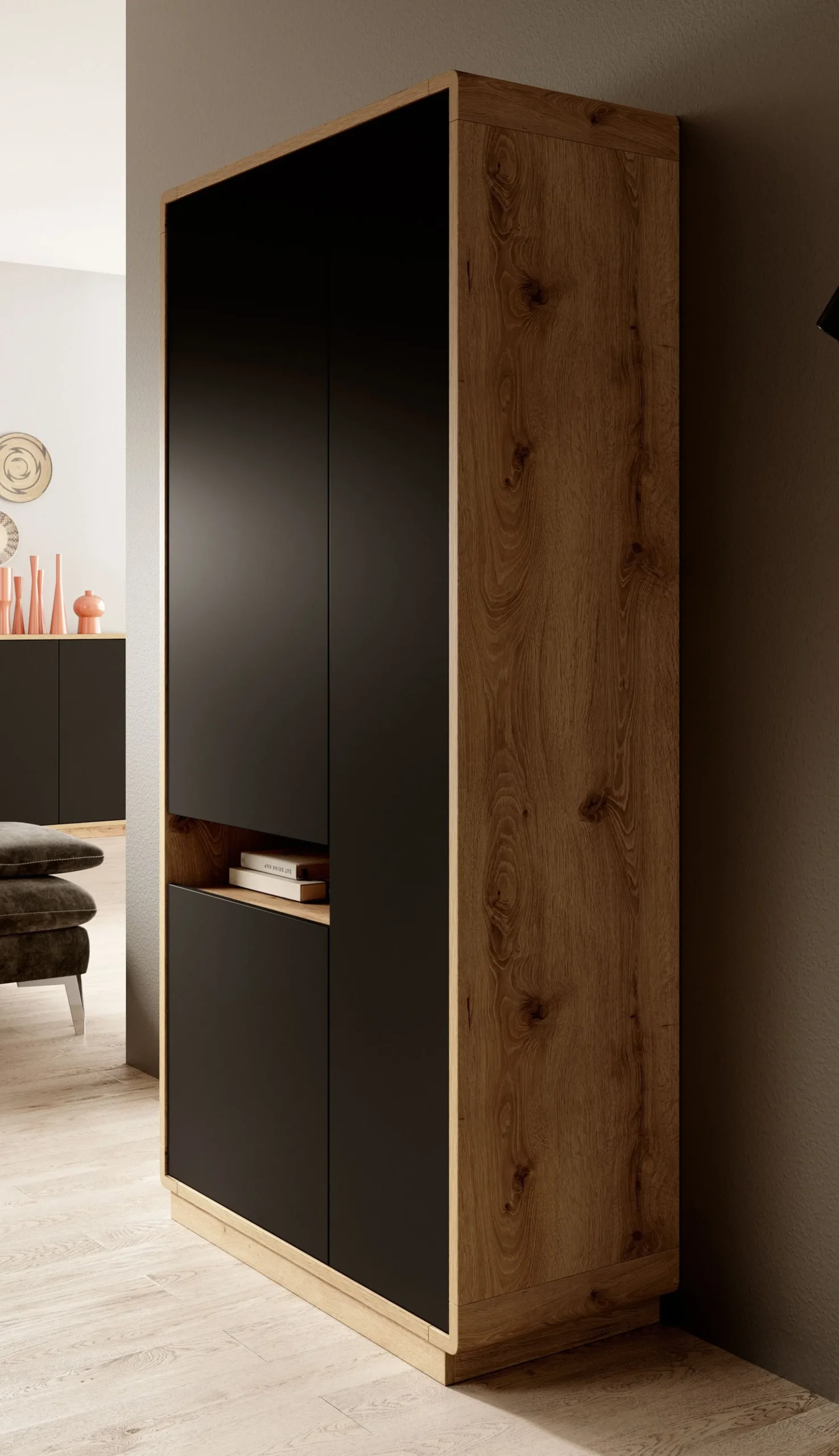 Acuna - Vitrinekast - Zwart/eiken - 92x40x181 cm