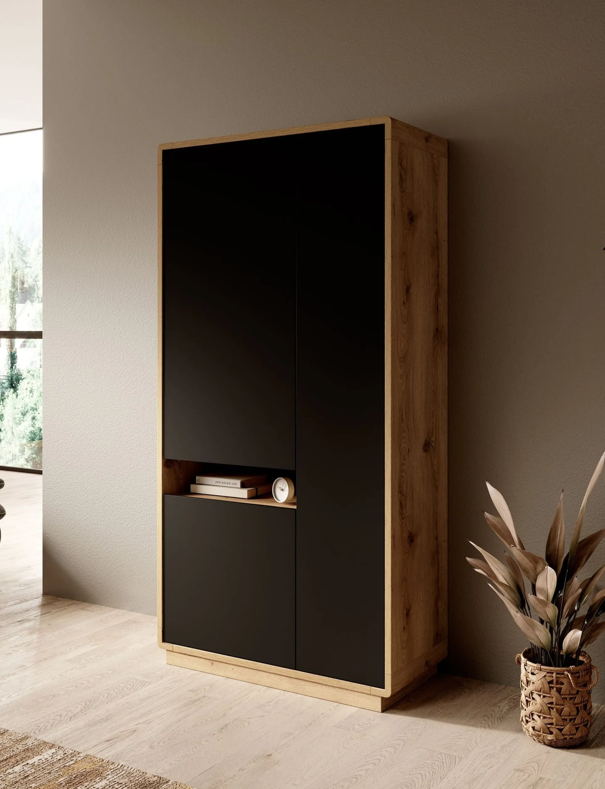 Acuna - Vitrinekast - Zwart/eiken - 92x40x181 cm