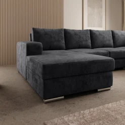 Adel - Hoekbank 5-zits met chaise longue - Velvet zwart - Links
