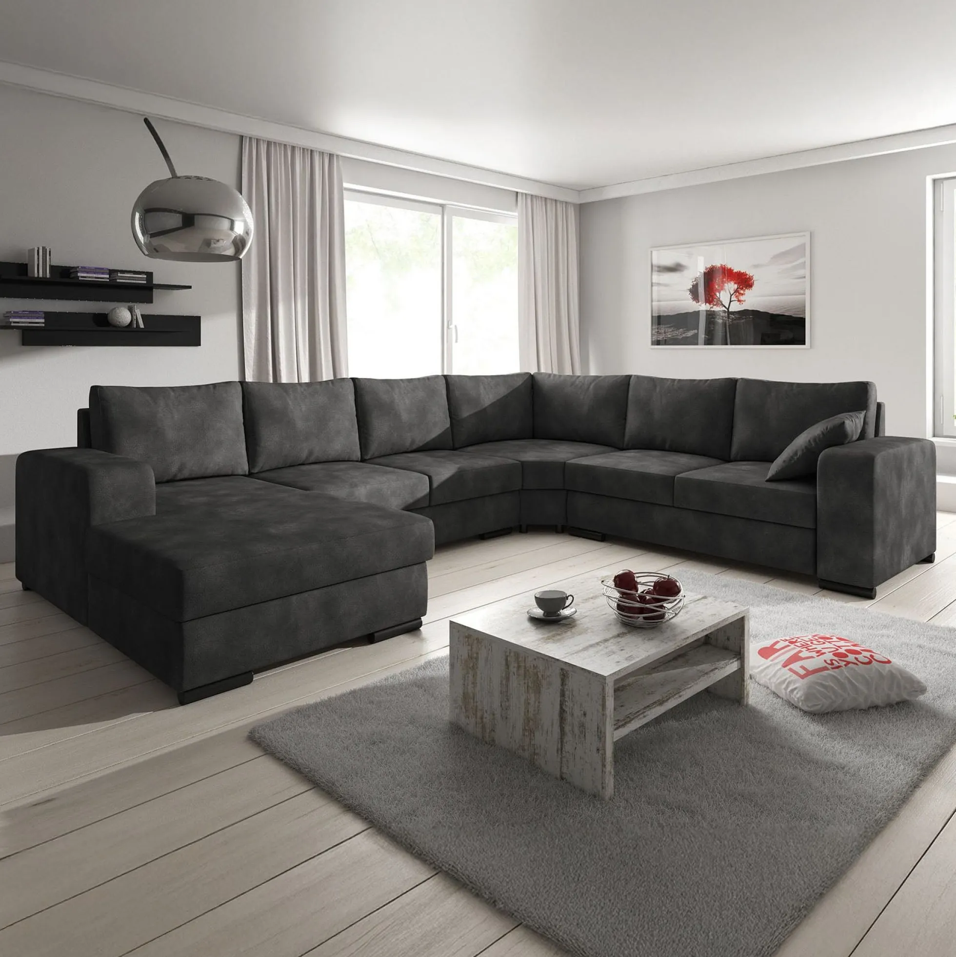 Adel - Hoekbank 5-zits met chaise longue - Kunstleer antraciet - Links