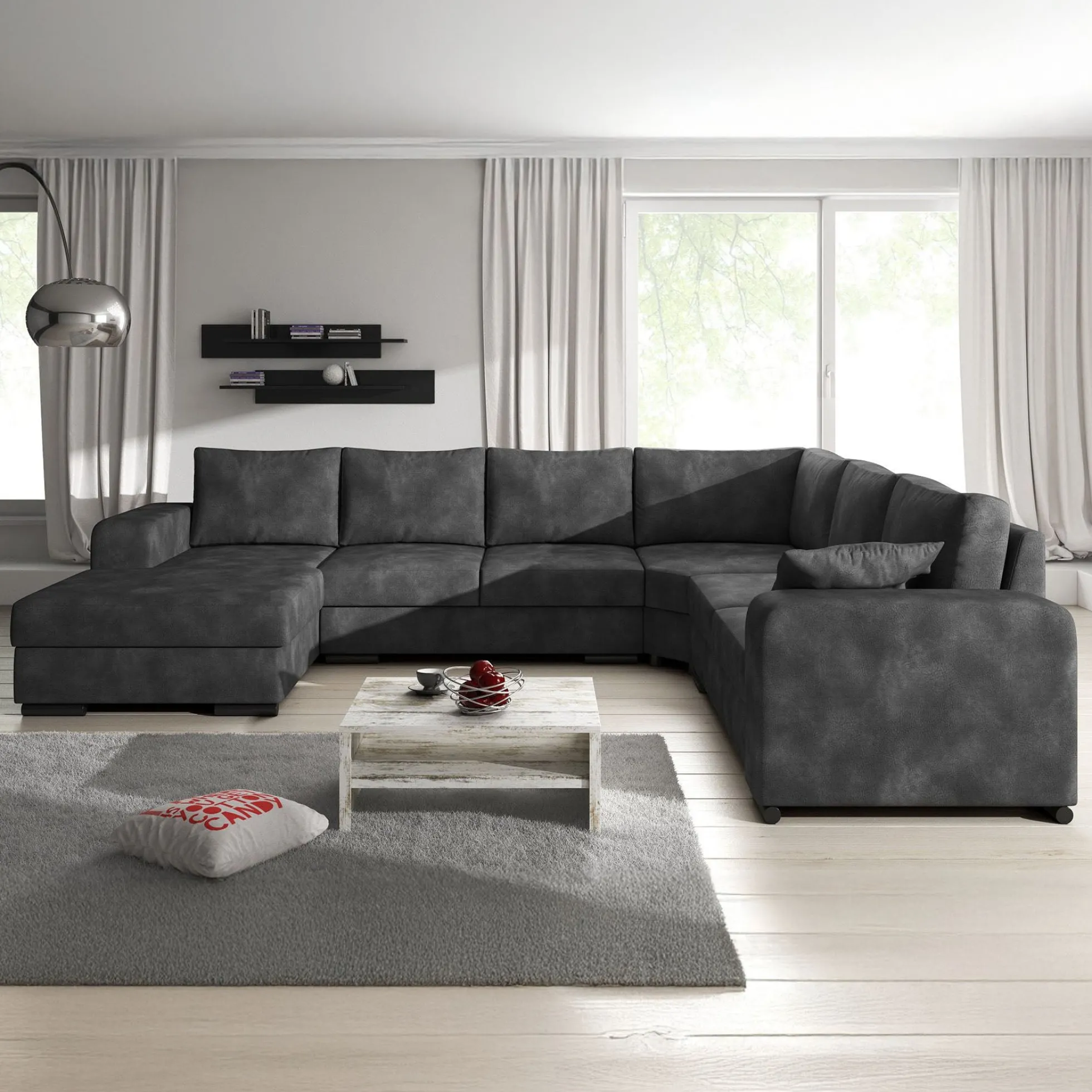 Adel - Hoekbank 5-zits met chaise longue - Kunstleer antraciet - Links