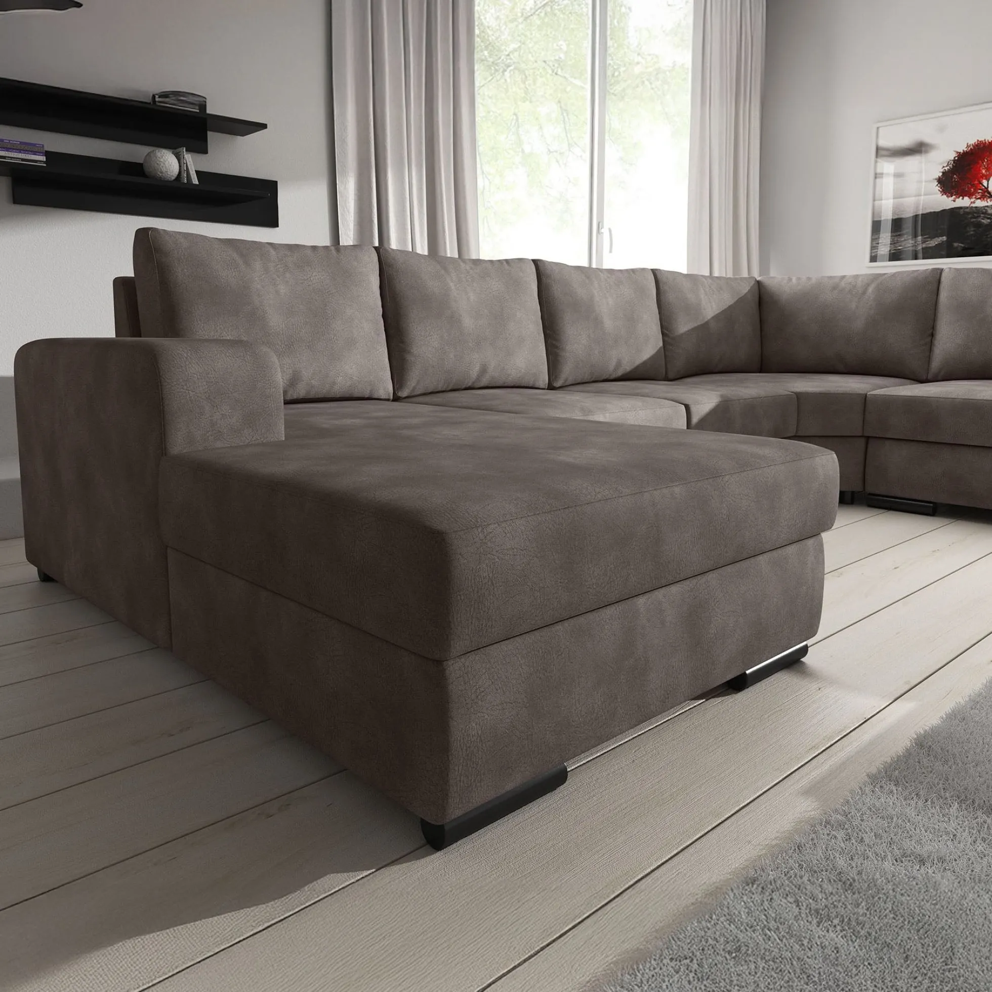 Adel - Hoekbank 5-zits met chaise longue - Kunstleer bruin - Links