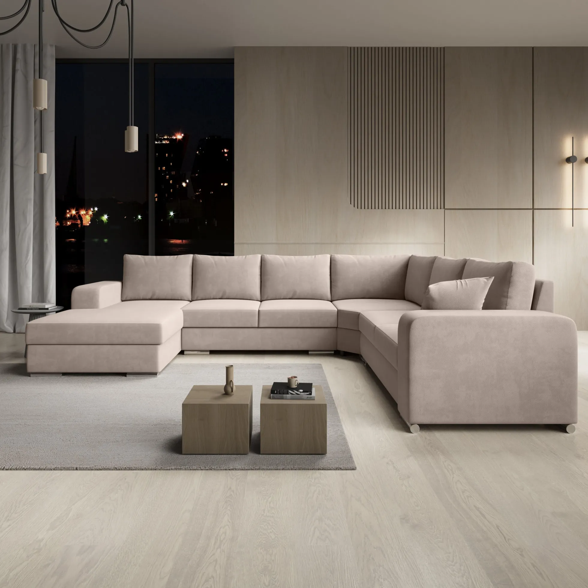 Adel - Hoekbank 5-zits met chaise longue - Stof beige - Links