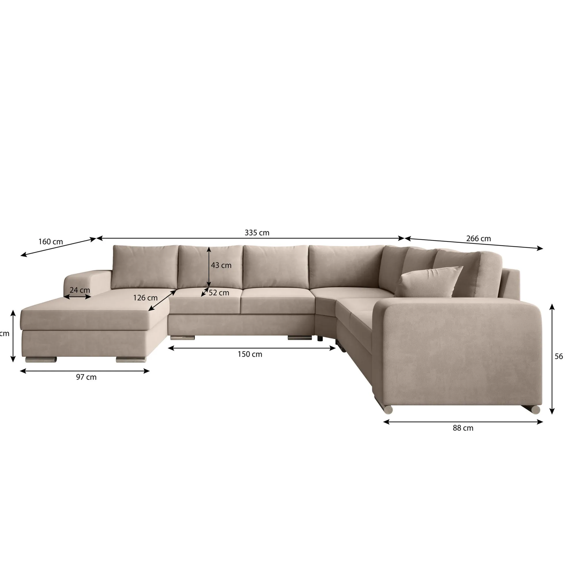Adel - Hoekbank 5-zits met chaise longue - Stof beige - Links