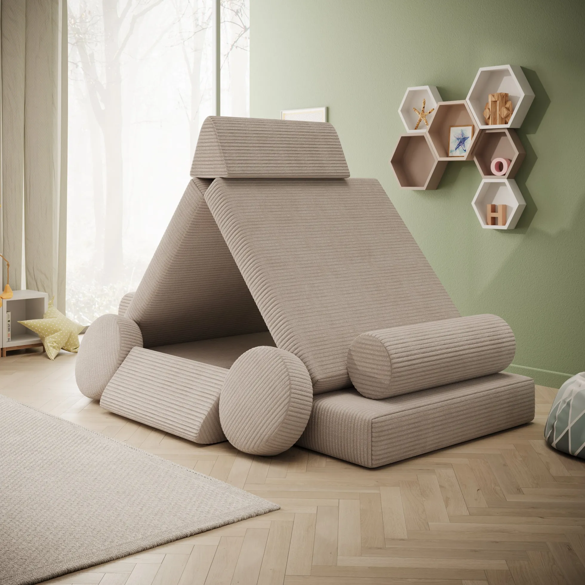 Afterglow - Speelbank - Ribstof beige - 130x65x43 cm
