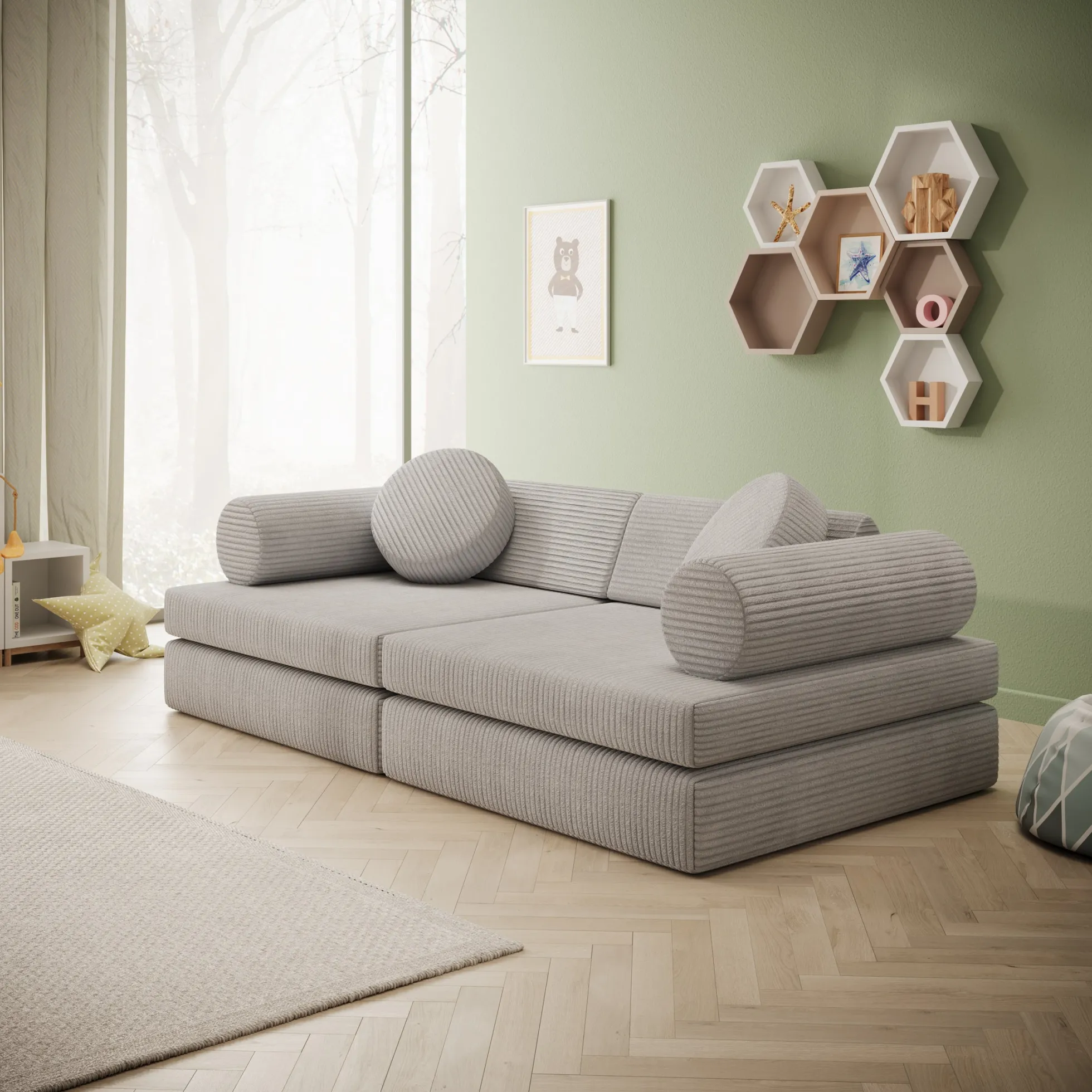 Afterglow - Speelbank - Ribstof grijs - 130x65x43 cm