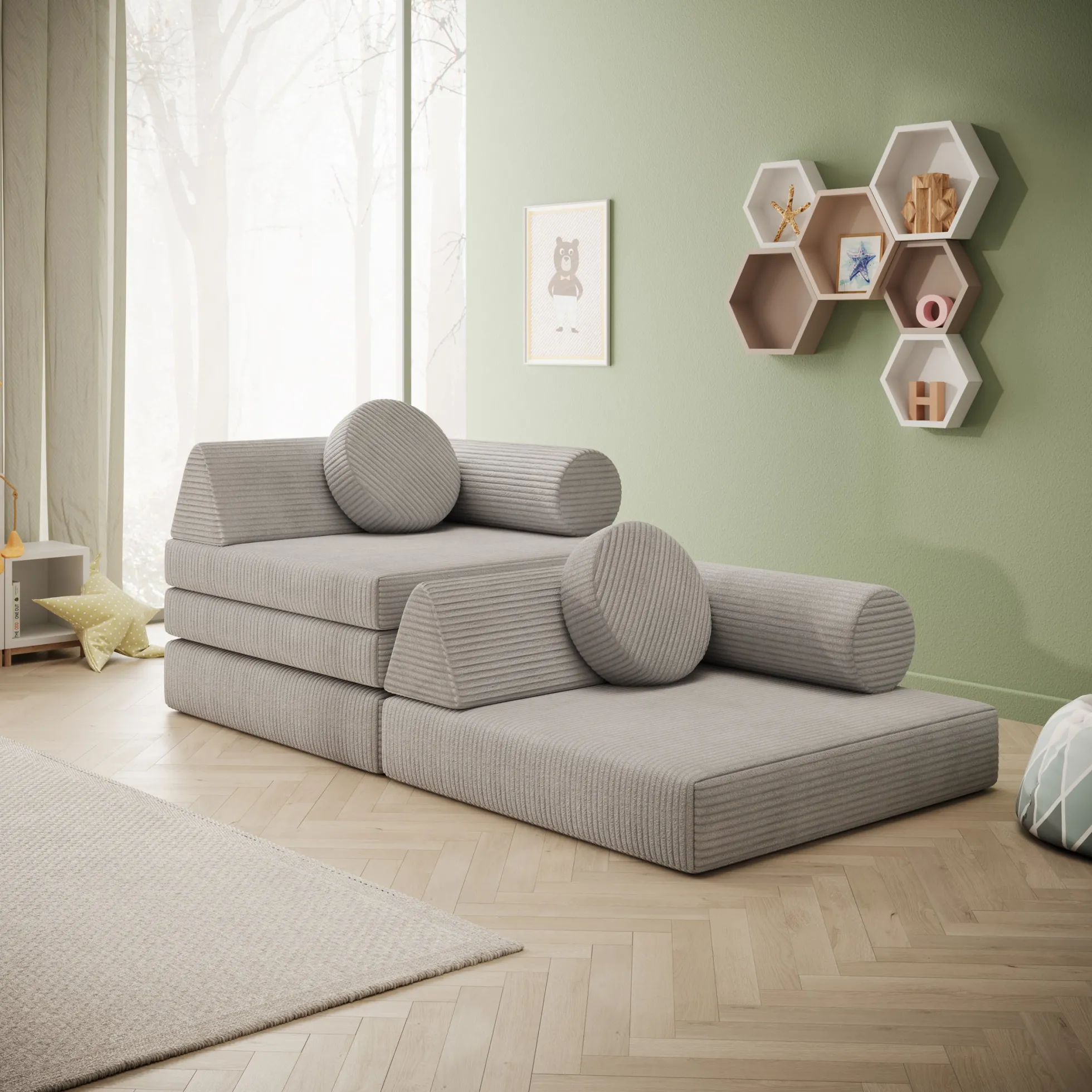 Afterglow - Speelbank - Ribstof grijs - 130x65x43 cm