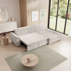 Alberta - Hoekbank 3-zits met slaapfunctie - Ribstof beige - Rechts -