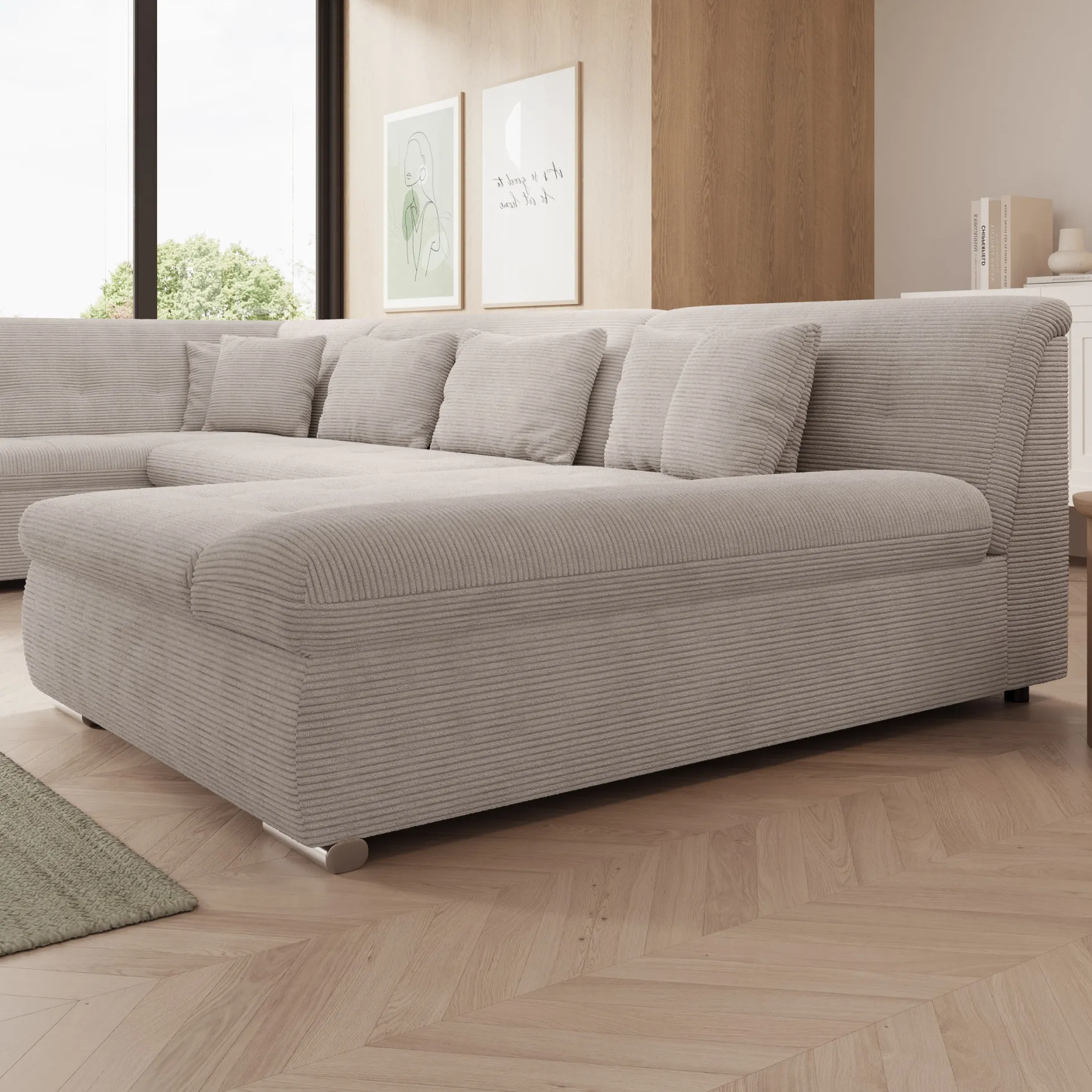 Alberta XL - Hoekbank 5-zits met slaapfunctie - Ribstof beige - Rechts