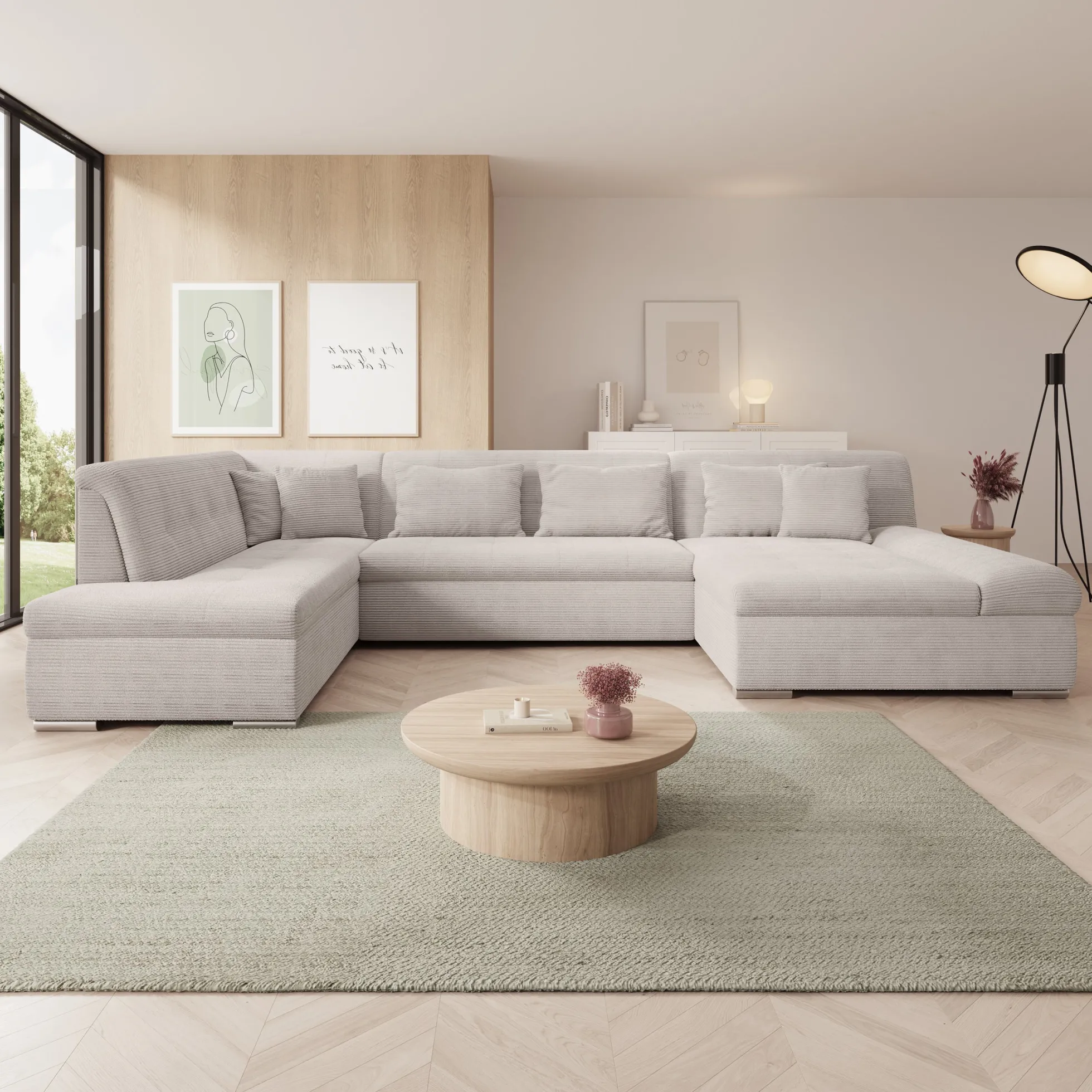 Alberta XL - Hoekbank 5-zits met slaapfunctie - Ribstof beige - Rechts