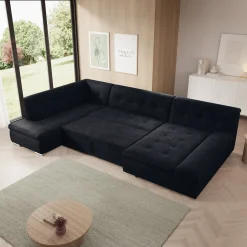 Alberta XL - Hoekbank 5-zits met slaapfunctie - Velvet zwart - Rechts
