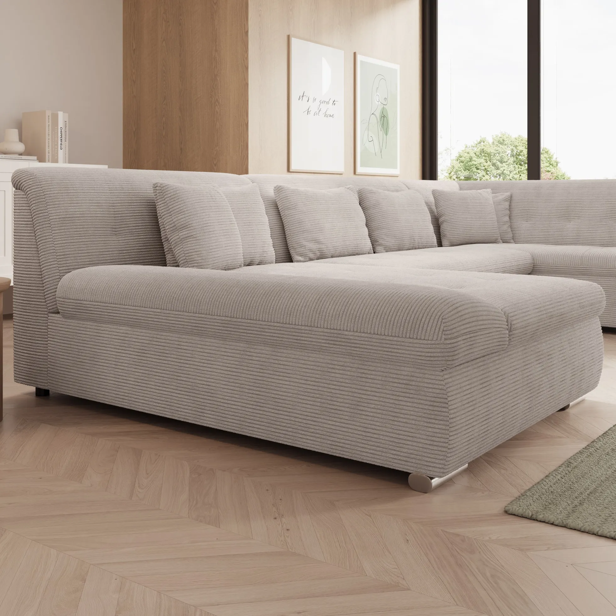 Alberta XL - Hoekbank 5-zits met slaapfunctie - Ribstof beige - Links
