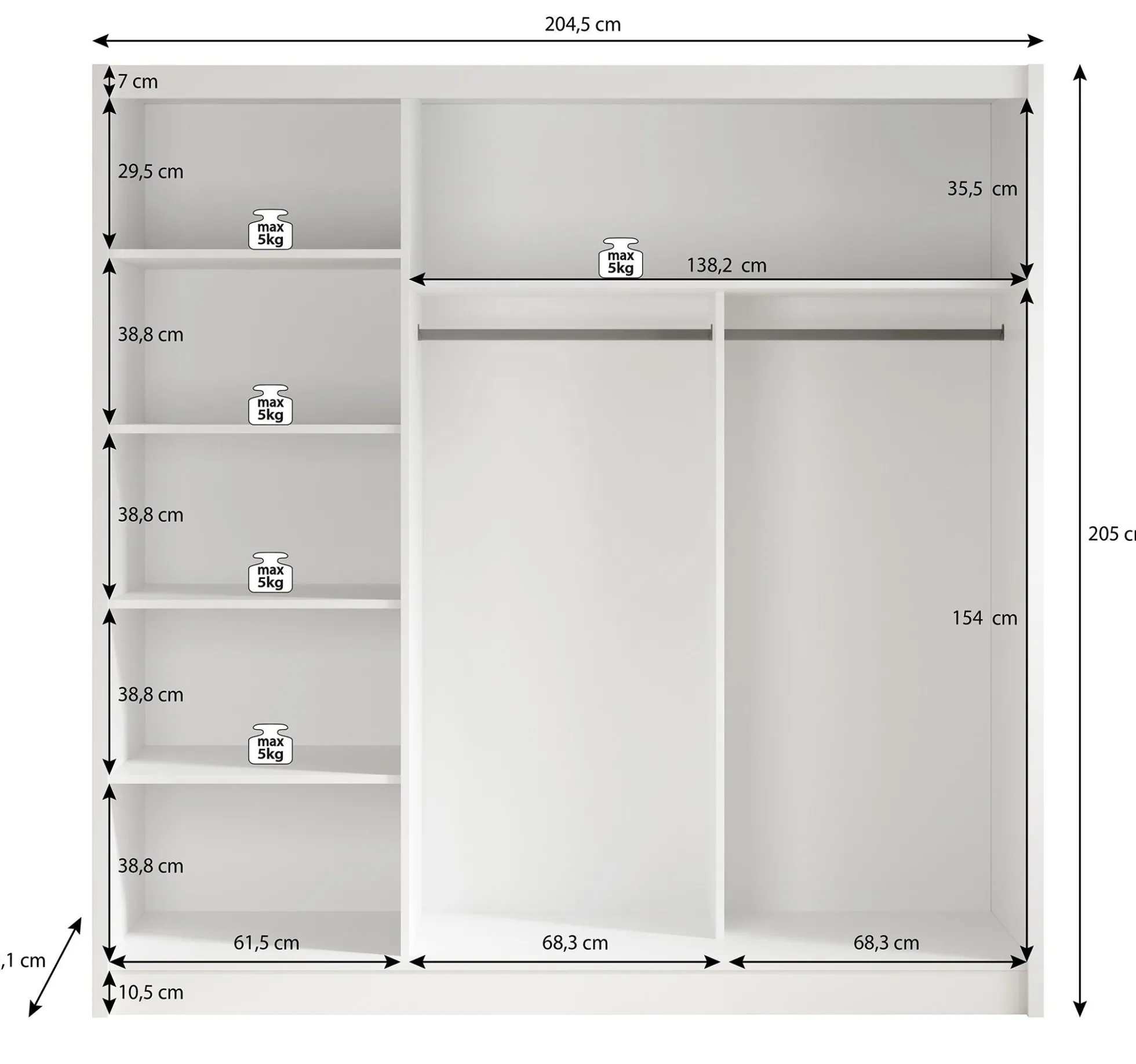 Alcamo - Kledingkast met schuifdeuren - Wit - 205x63x205 cm