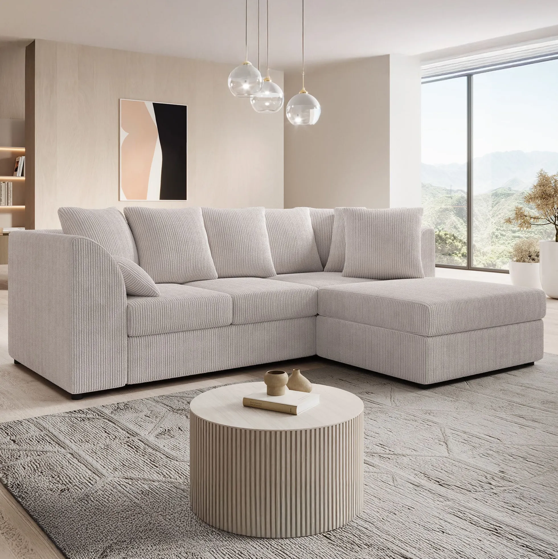Alfort - Hoekbank 3-zits met chaise longue - Ribstof beige - Rechts