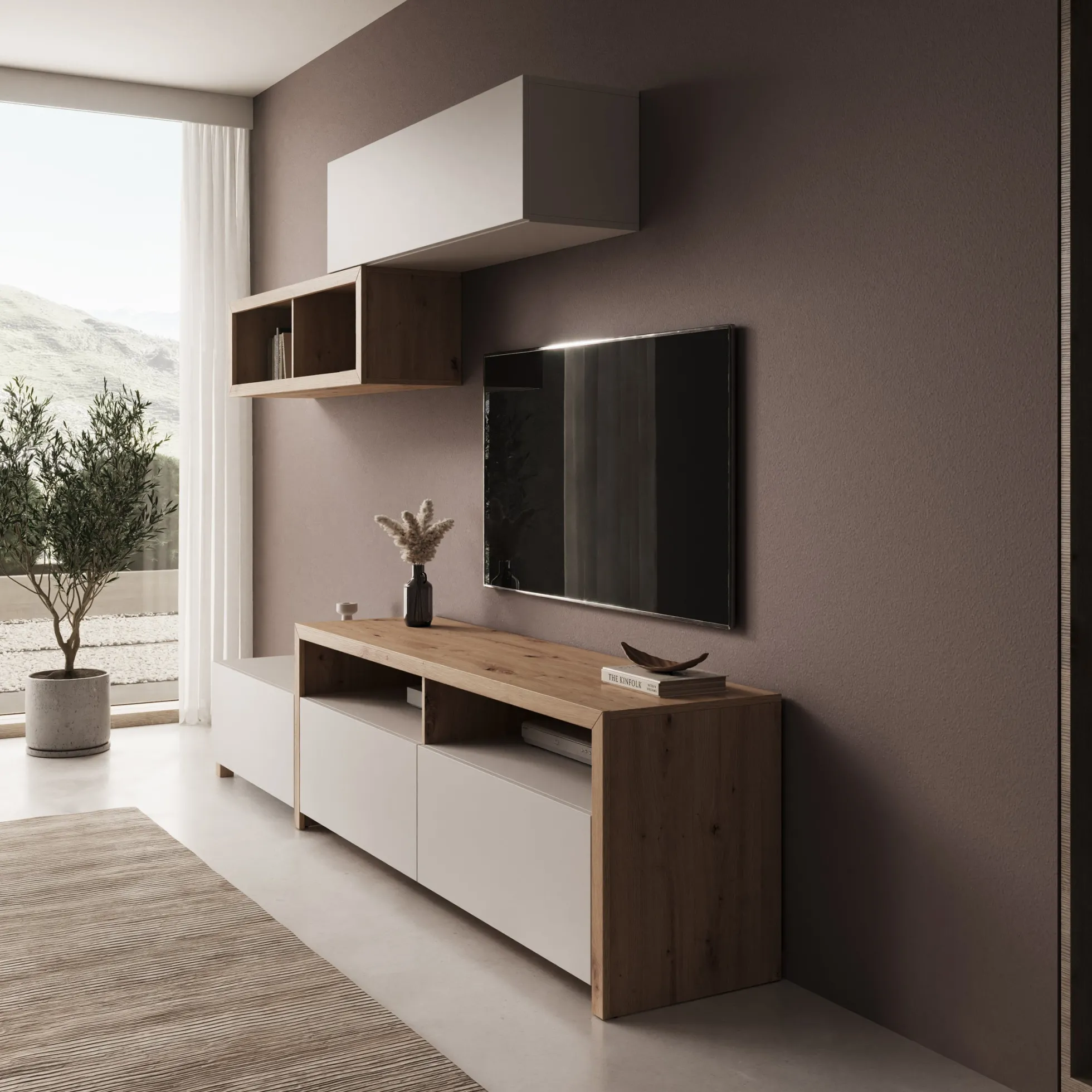 Amedeo - Wandmeubel - Beige/Eikenpatroon - 237x42x57 cm