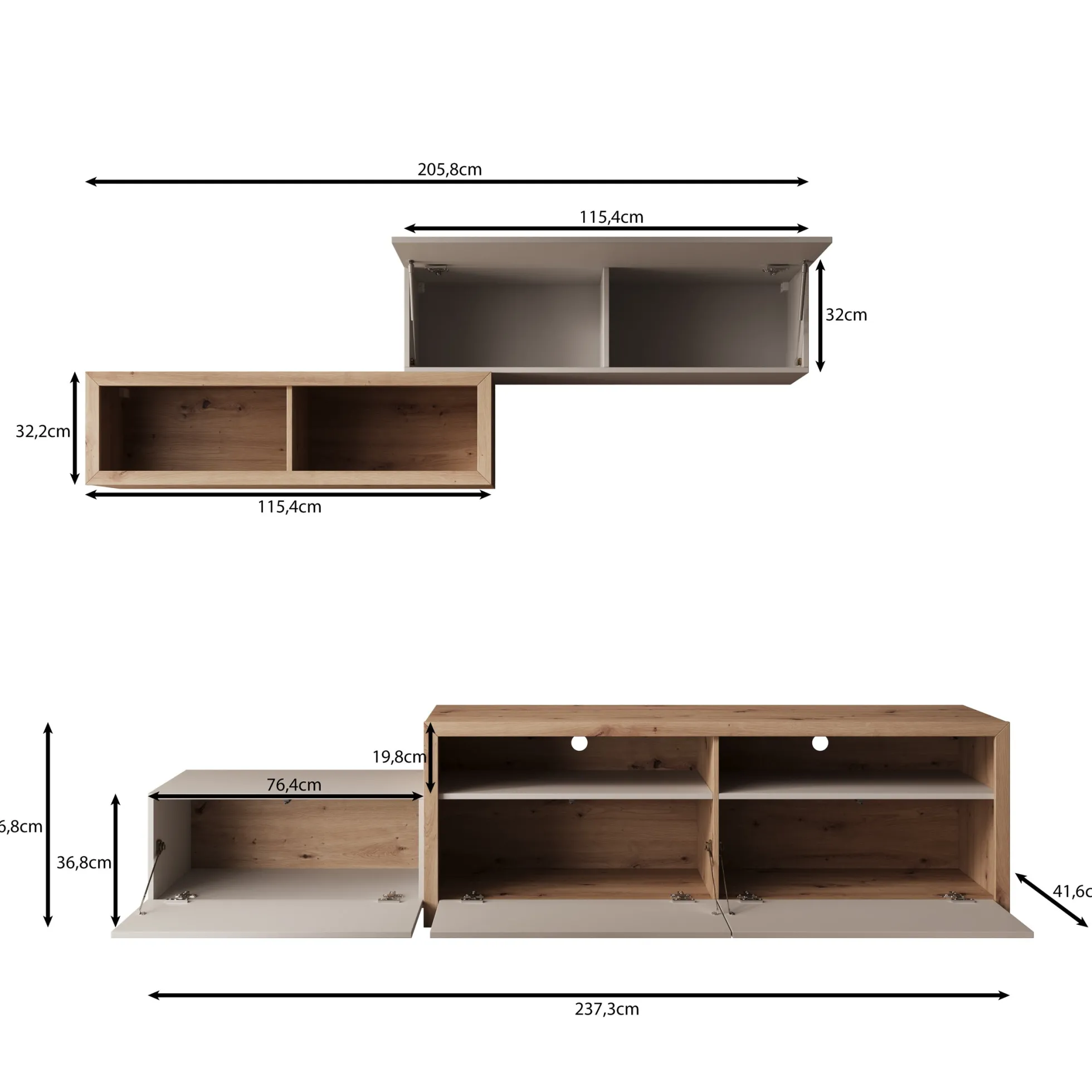 Amedeo - Wandmeubel - Beige/Eikenpatroon - 237x42x57 cm