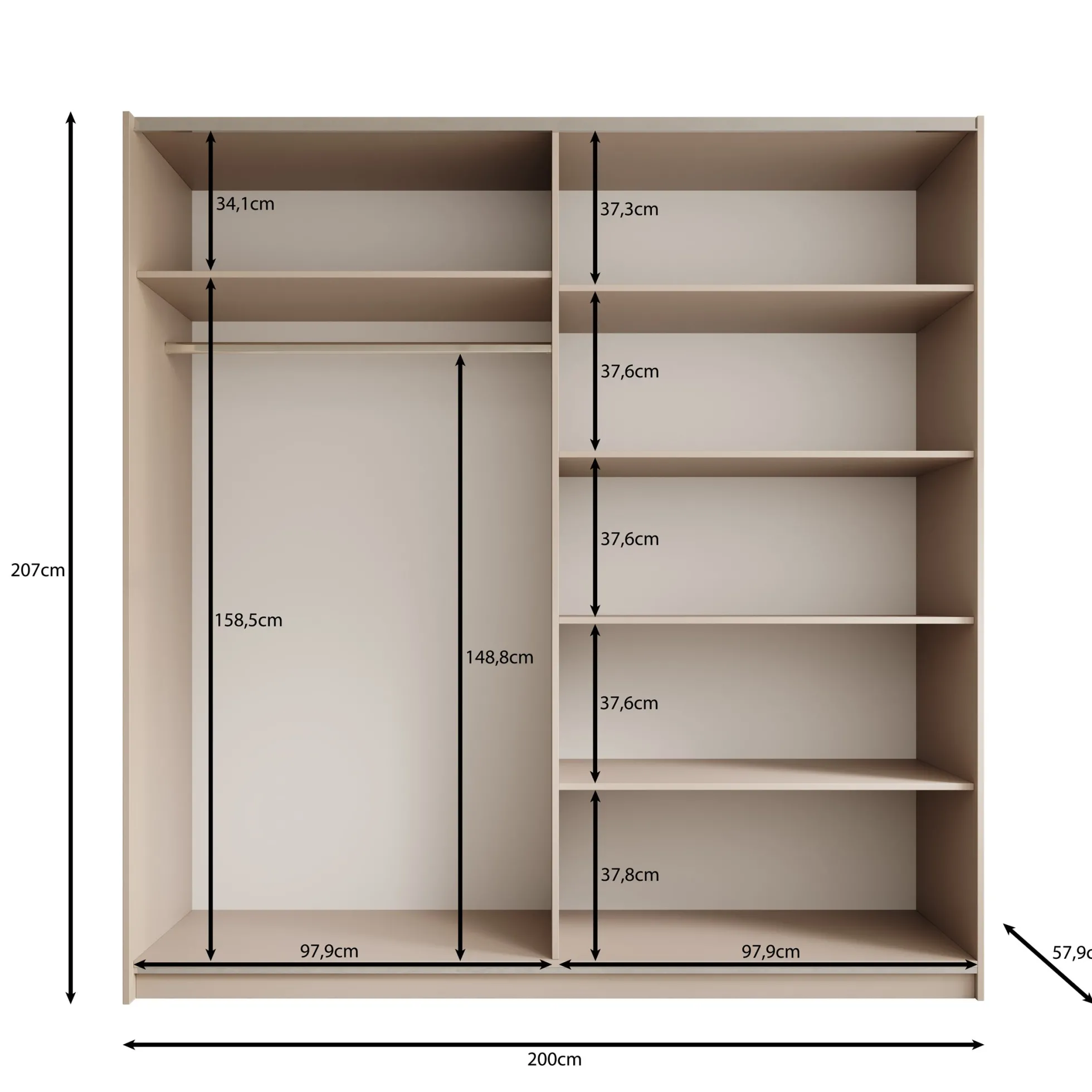Andros - Kledingkast met schuifdeuren - Donker eiken - 200x58x207 cm