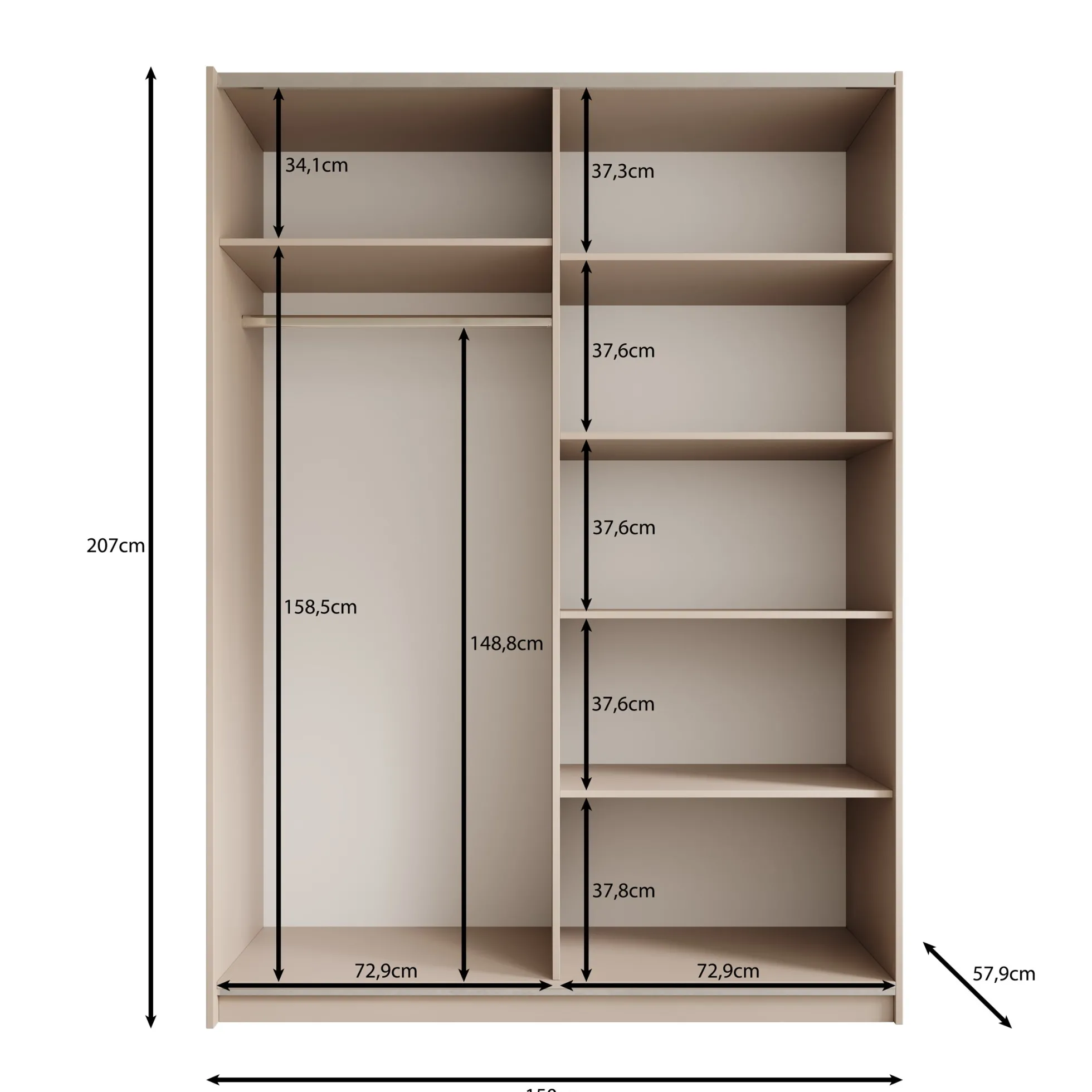 Andros - Kledingkast met schuifdeuren - Beige - 150x58x207 cm