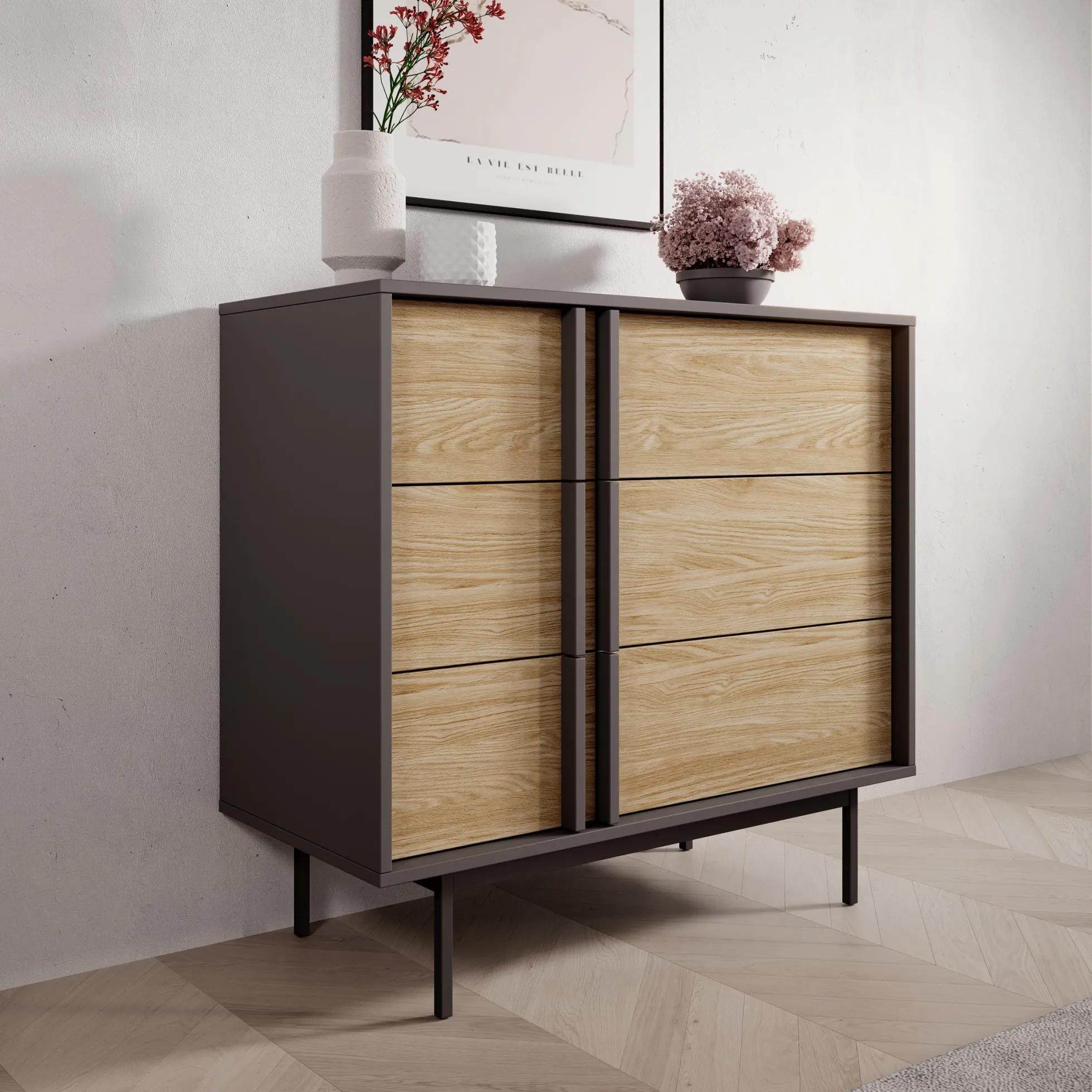 Antigo - Ladekast met 3 lades - Eiken/Antraciet - 93x43x87 cm