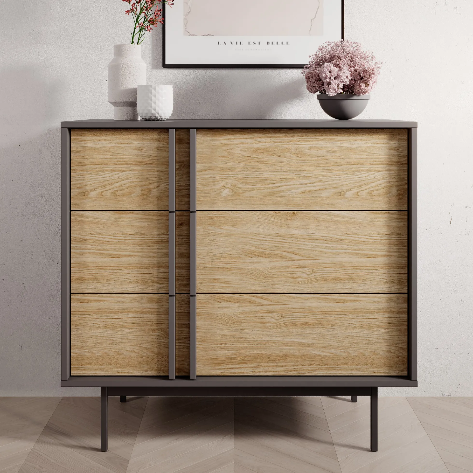Antigo - Ladekast met 3 lades - Eiken/Antraciet - 93x43x87 cm