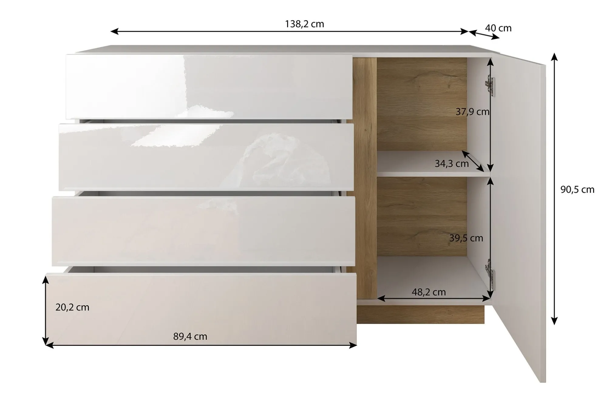 Ashley - Dressoir - Wit/eiken - 138x40x91 cm