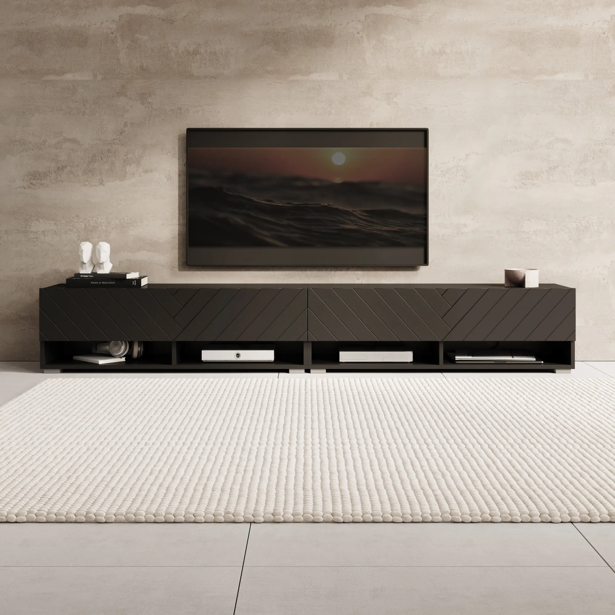 Asino - TV-Meubel - Zwart visgraat - 200x31x30 cm