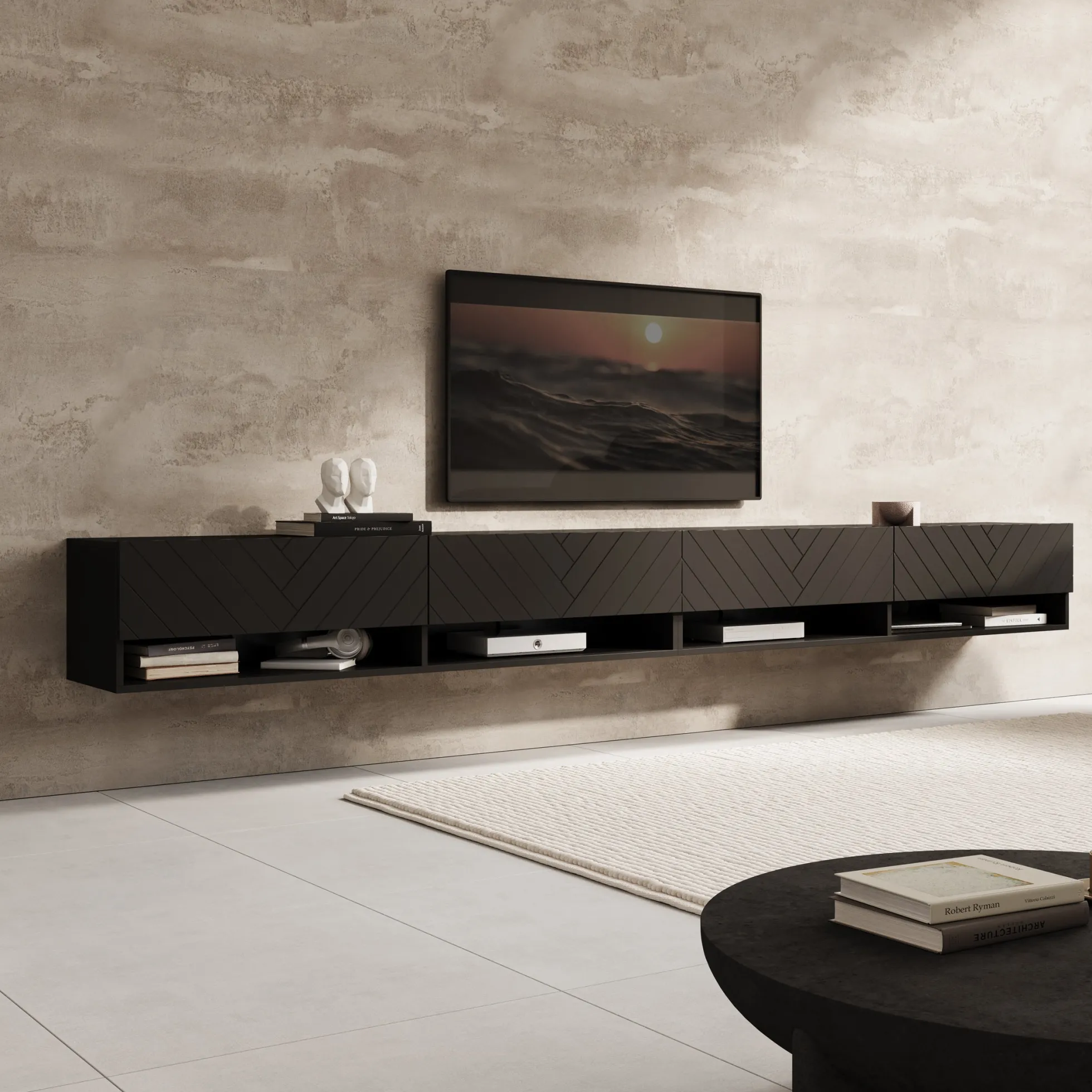 Asino - TV-Meubel - Zwart Visgraat - 280x31x30 cm