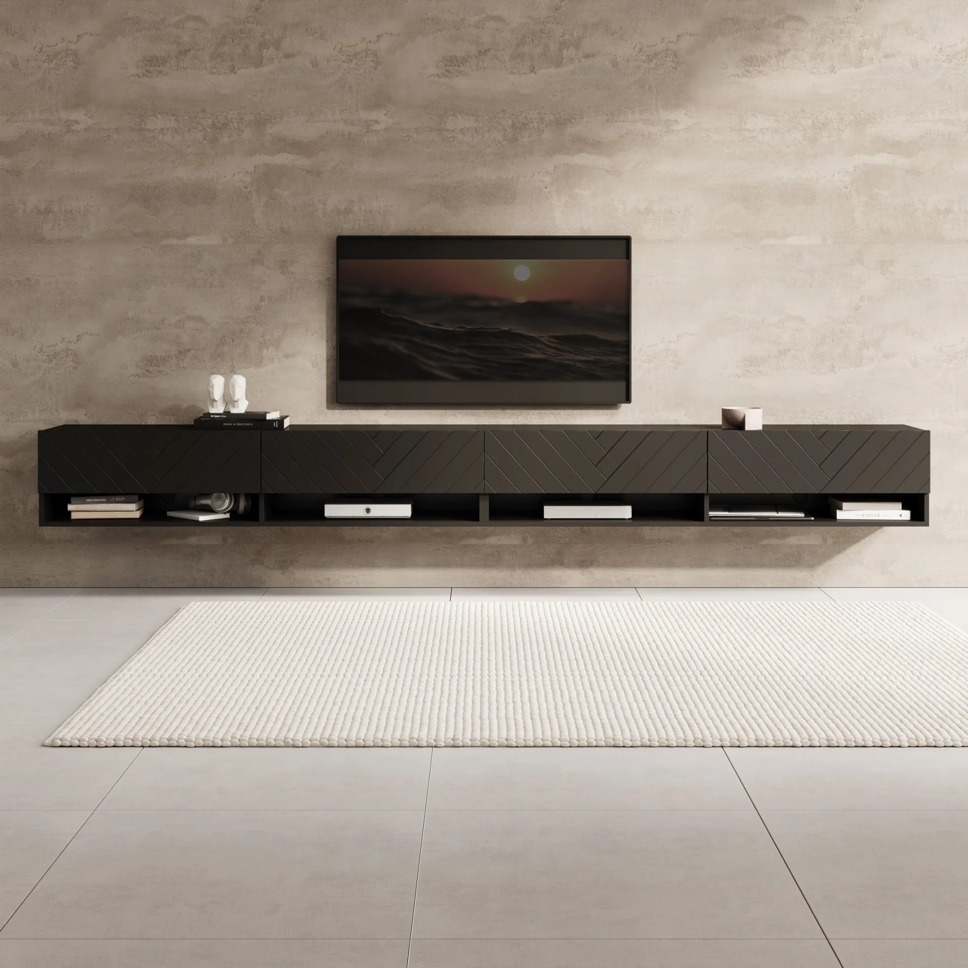 Asino - TV-Meubel - Zwart Visgraat - 280x31x30 cm