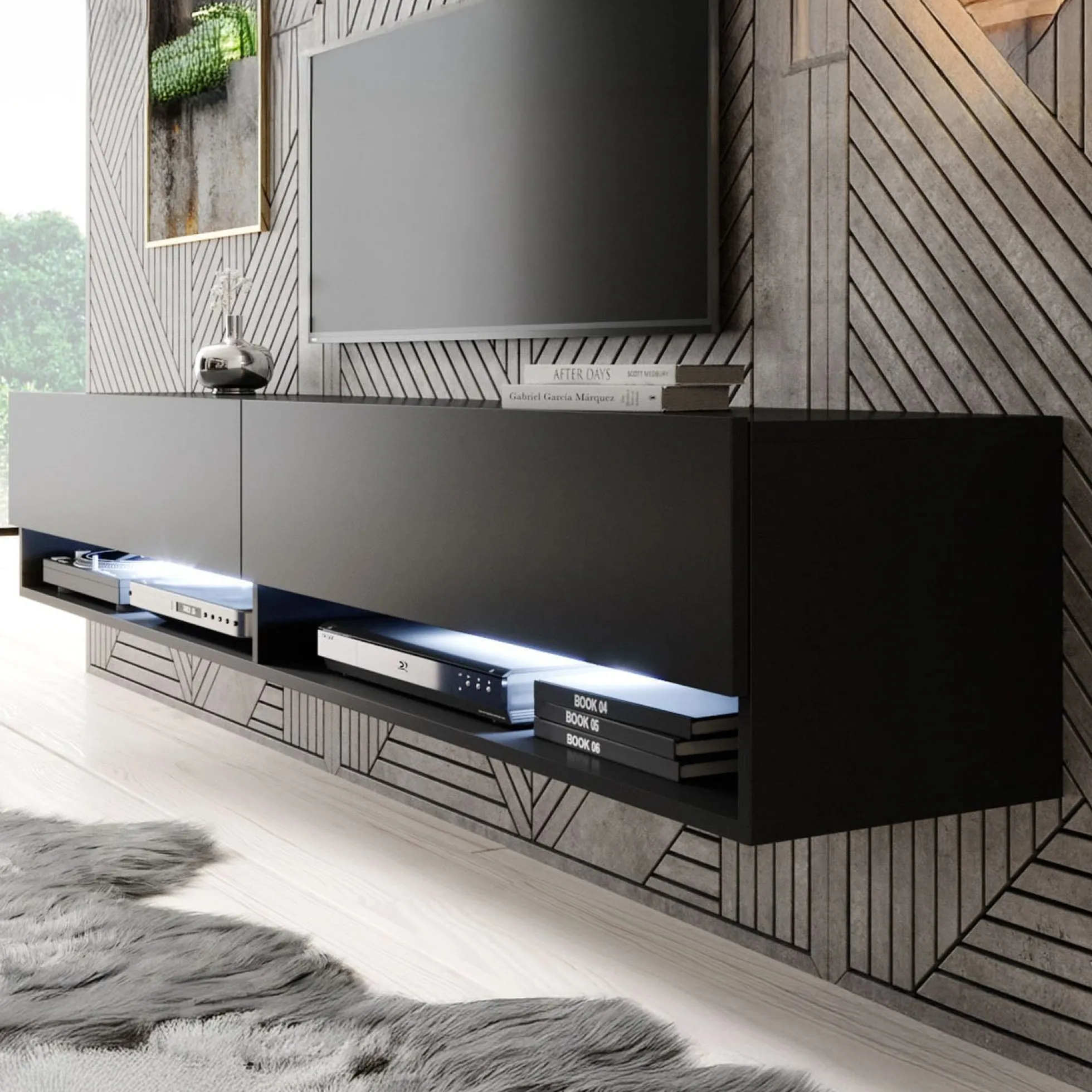 Asino - TV-Meubel met verlichting - Mat zwart - 180 cm