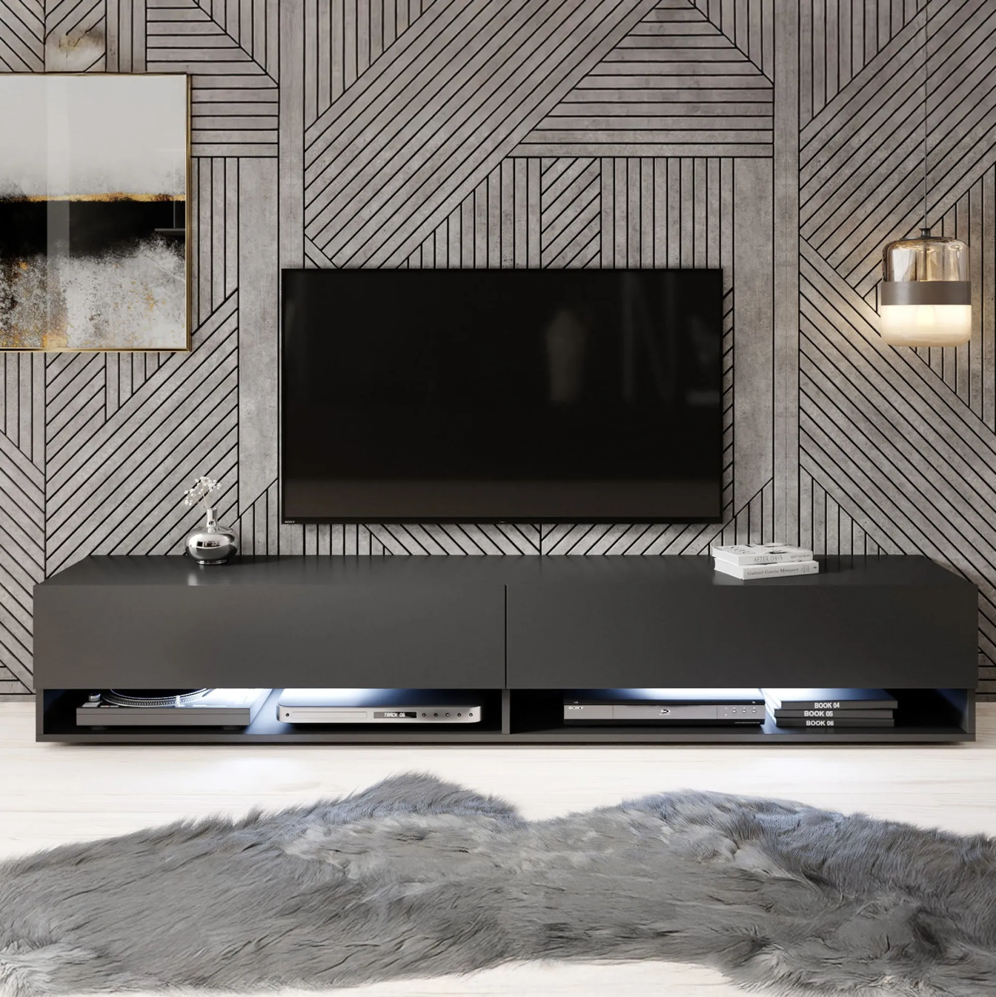 Asino - TV-Meubel met verlichting - Mat zwart - 180 cm