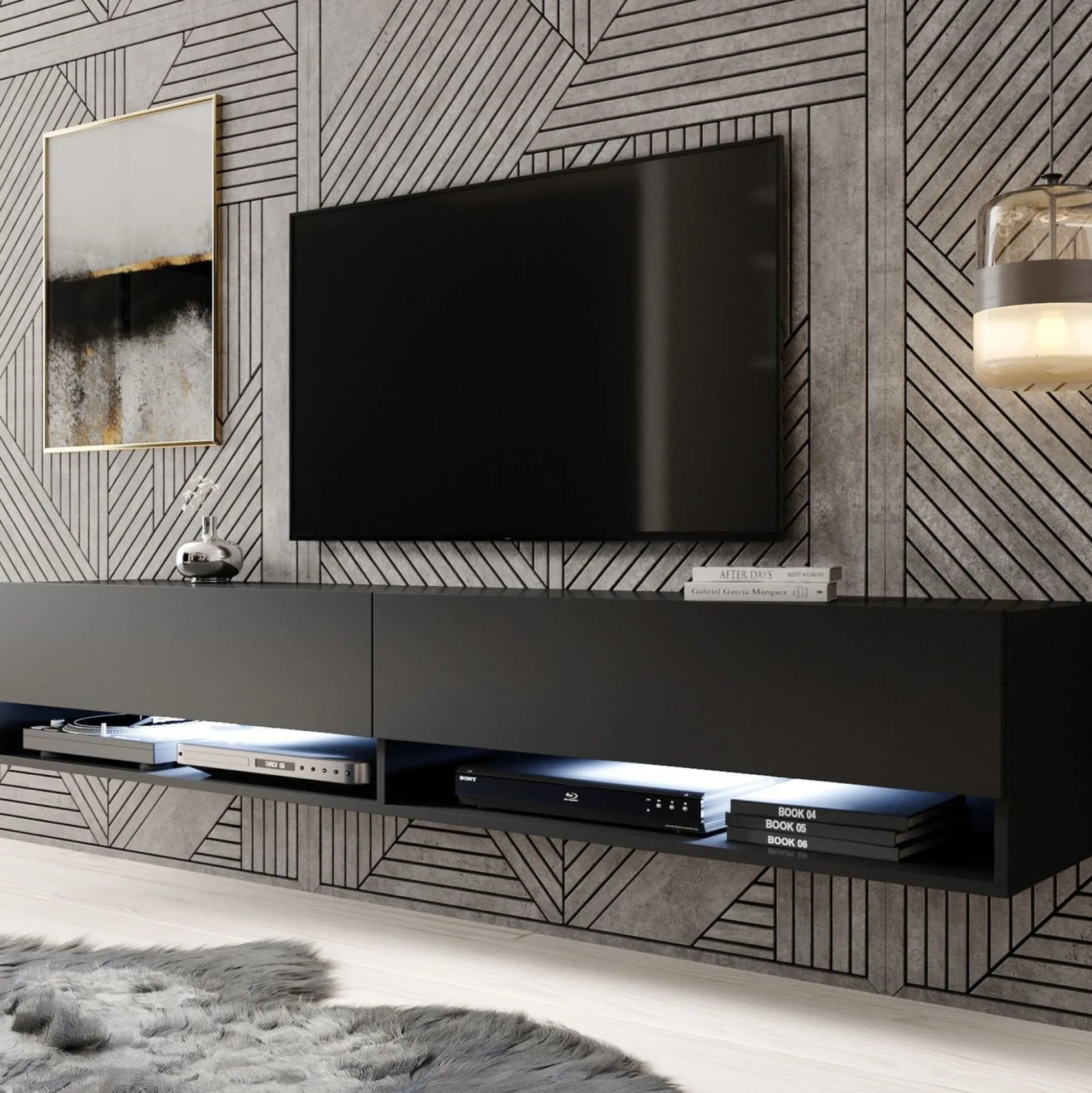 Asino - TV-Meubel met verlichting - Mat zwart - 180 cm