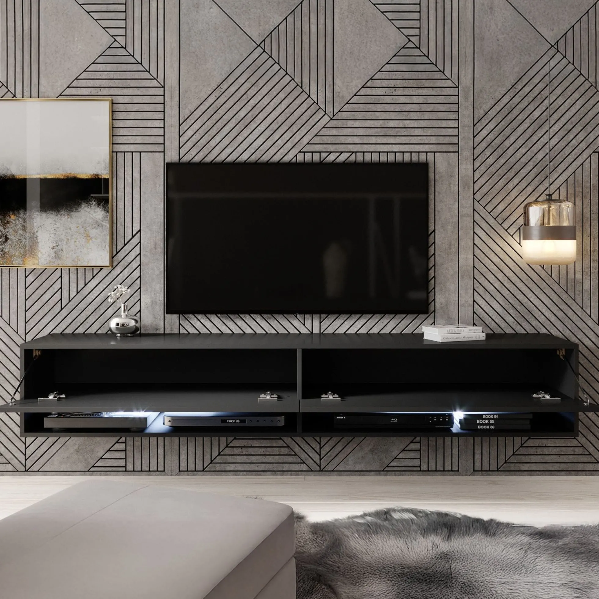 Asino - TV-Meubel met verlichting - Mat zwart - 180 cm
