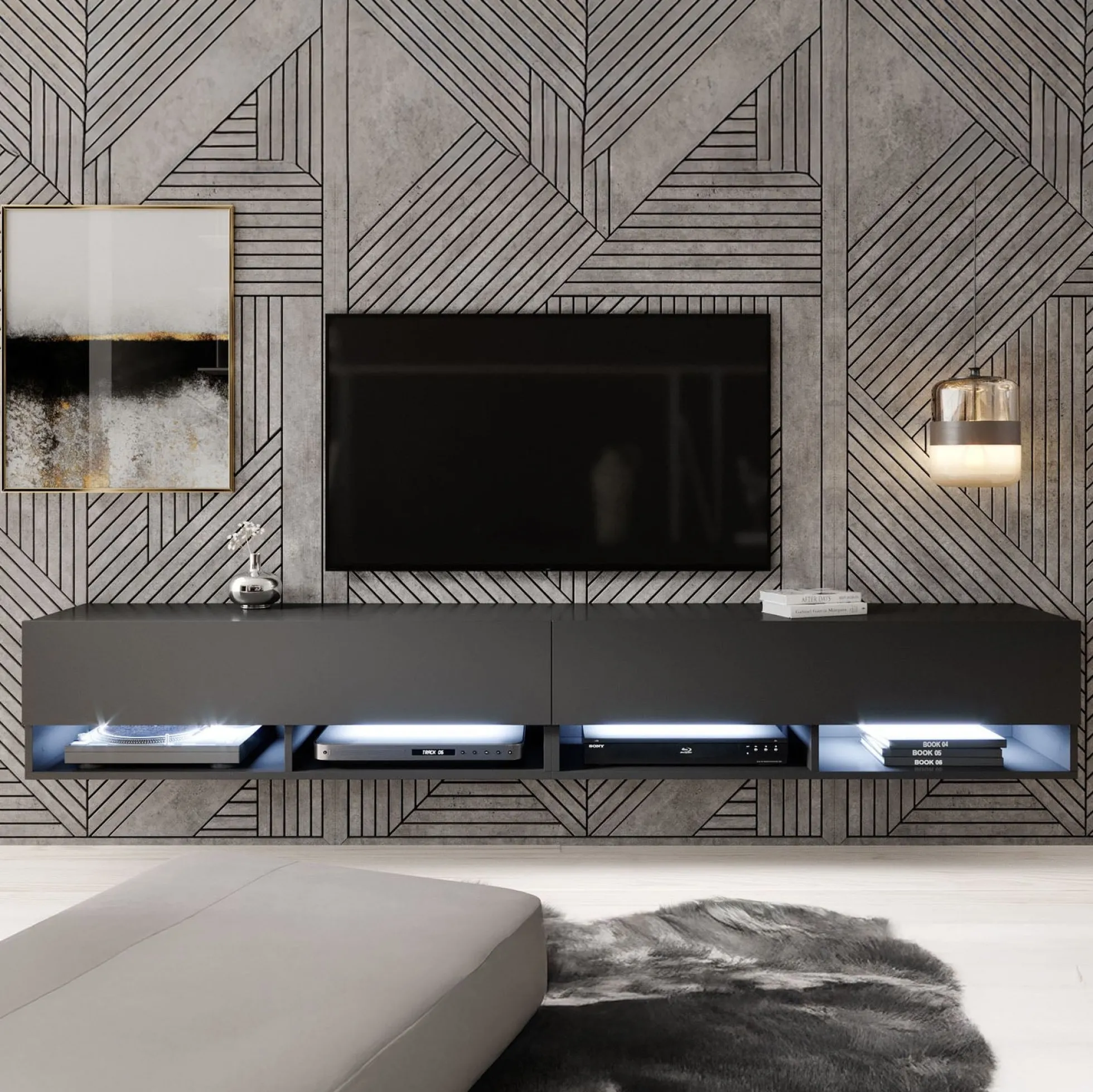 Asino - TV-Meubel met verlichting - Mat zwart - 200 cm
