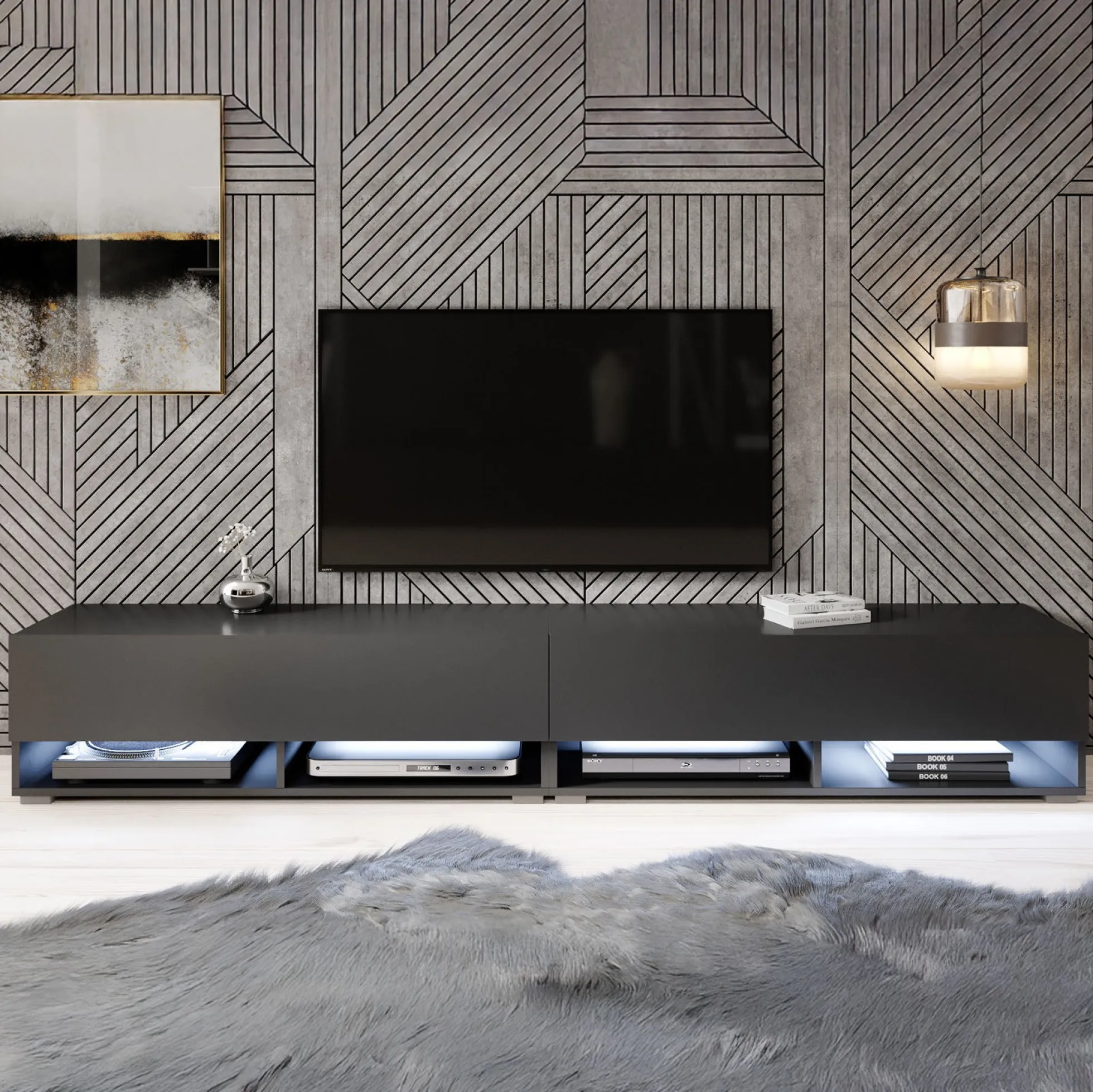Asino - TV-Meubel met verlichting - Mat zwart - 200 cm