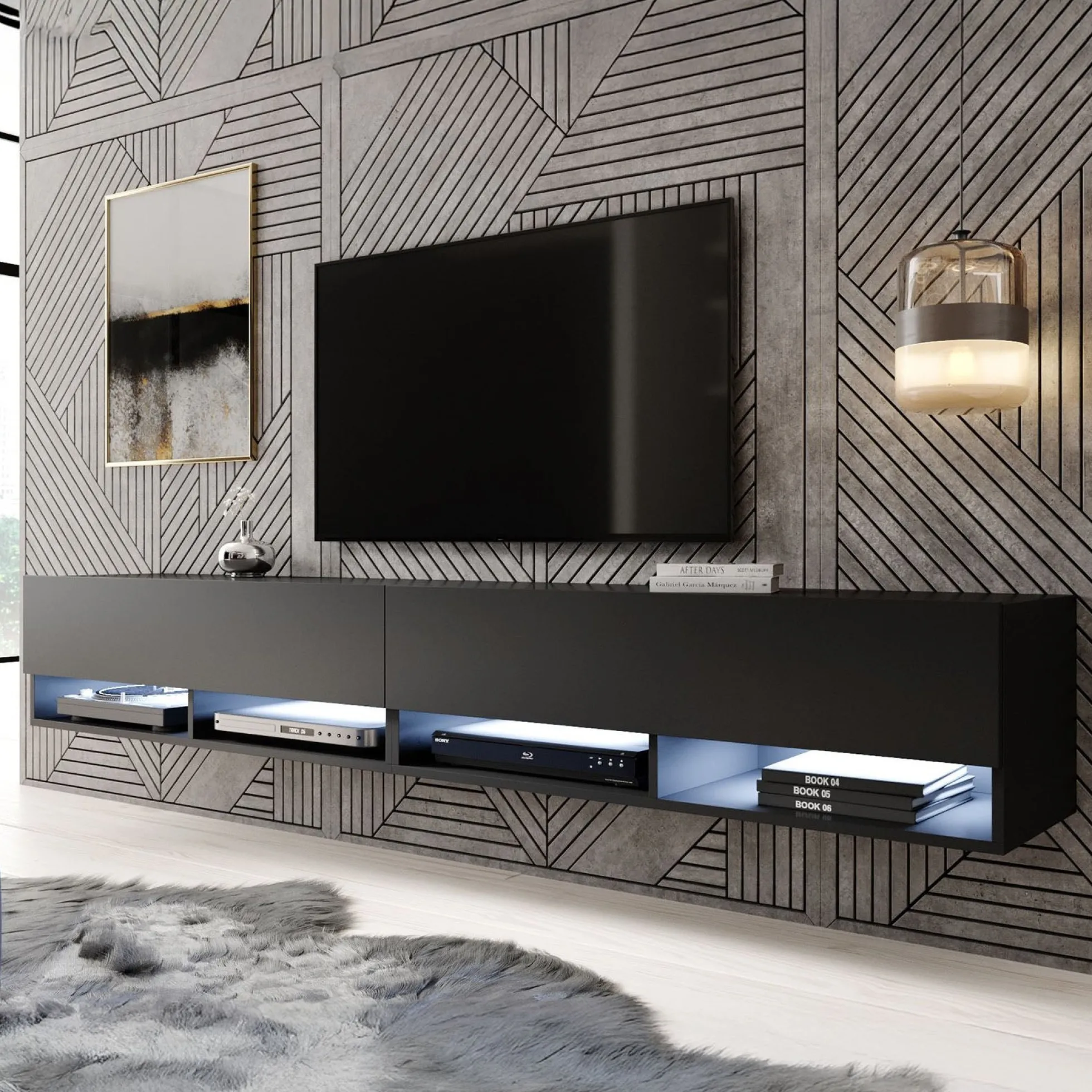 Asino - TV-Meubel met verlichting - Mat zwart - 200 cm