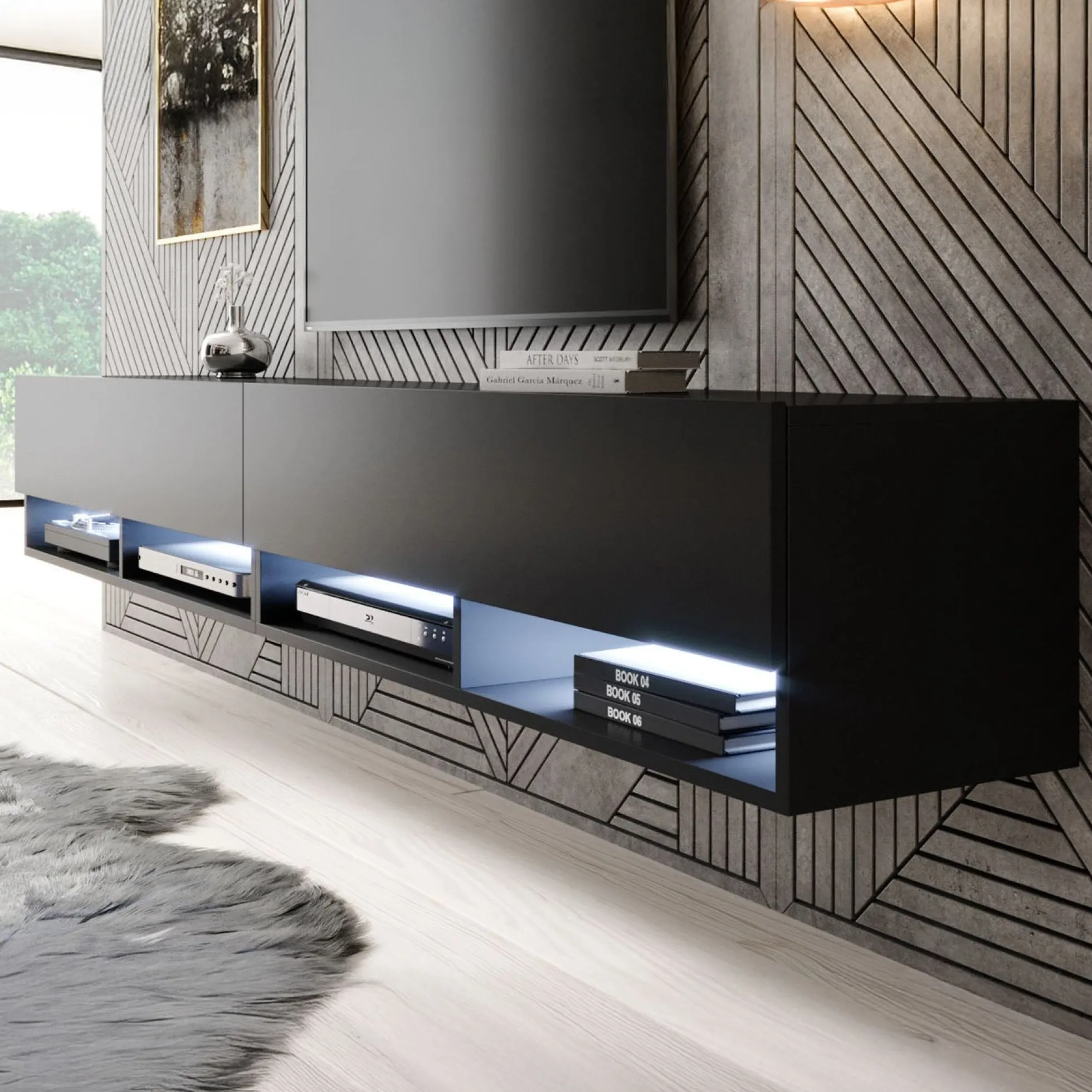 Asino - TV-Meubel met verlichting - Mat zwart - 200 cm