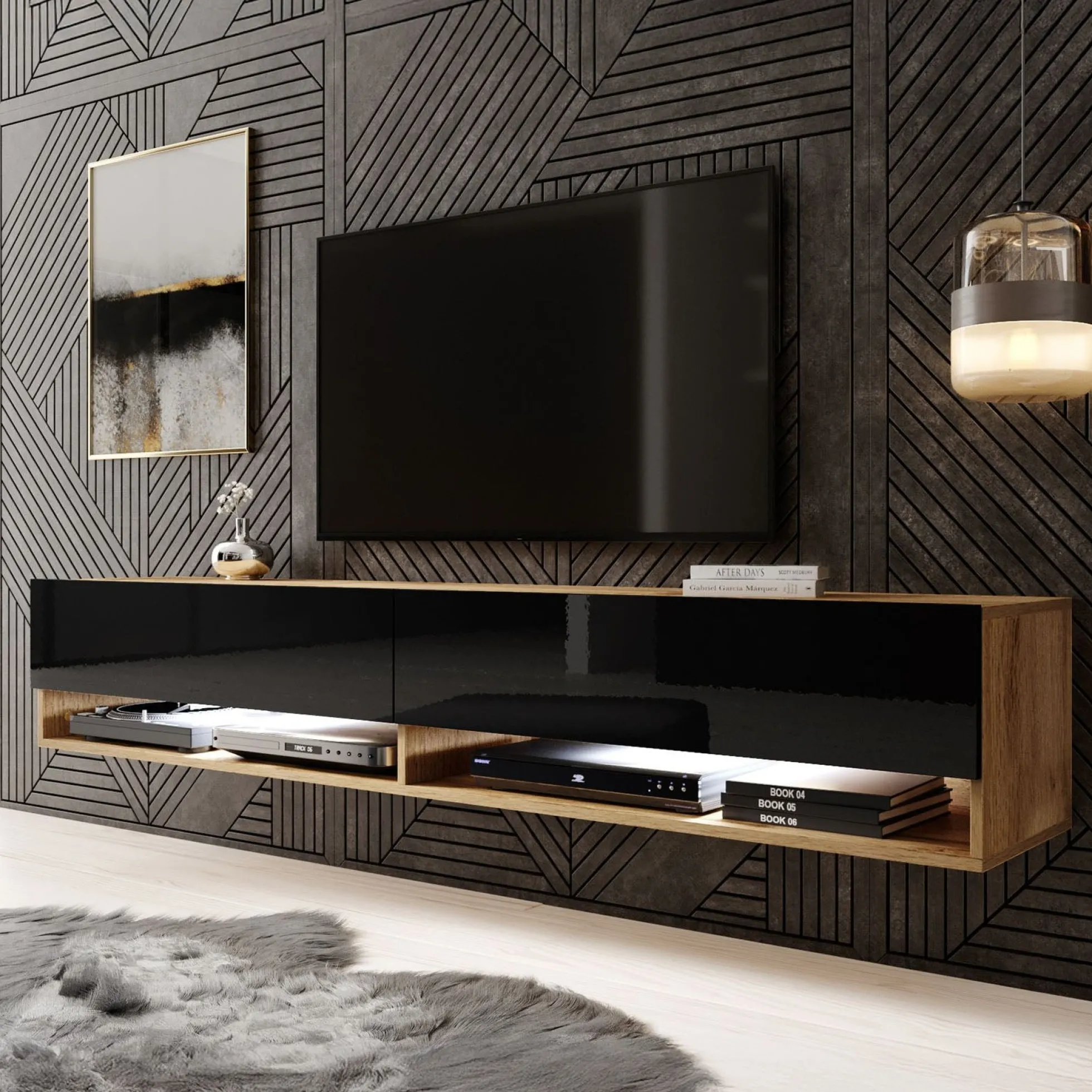Asino - TV-Meubel met verlichting - Zwart/eiken - 180 cm