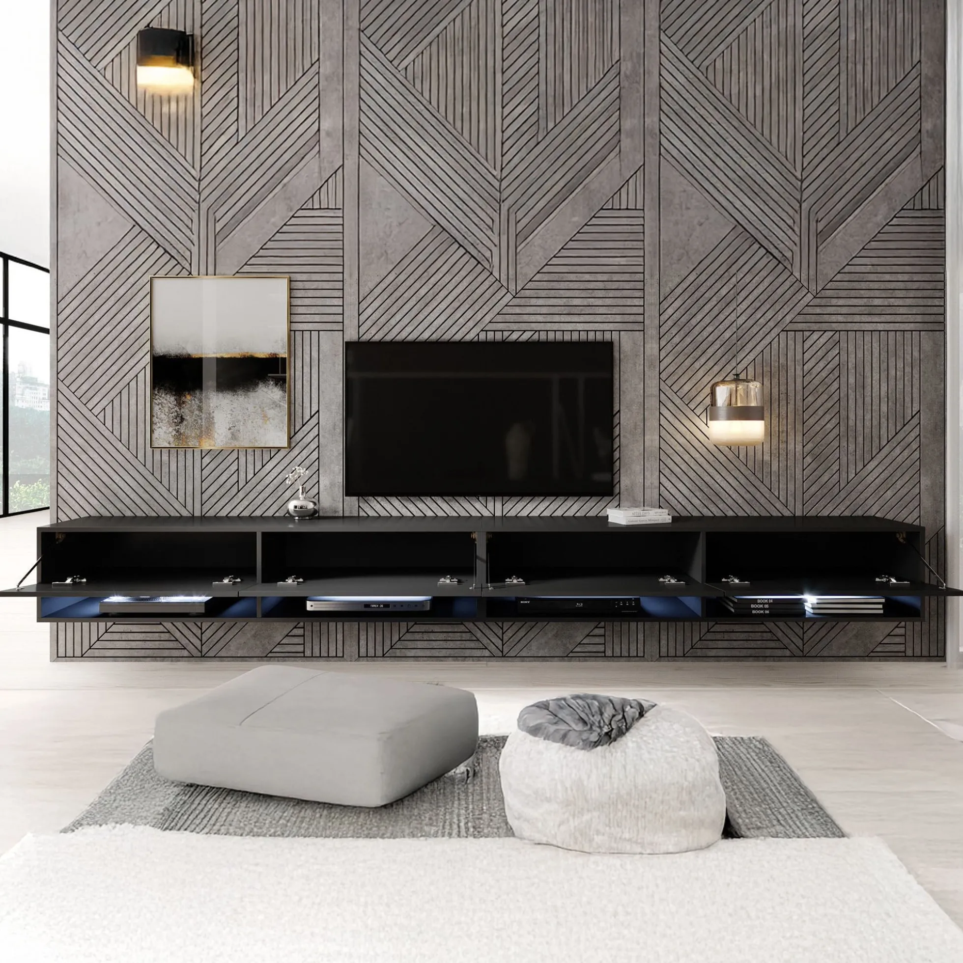 Asino - TV-Meubel met verlichting - Mat zwart - 280 cm