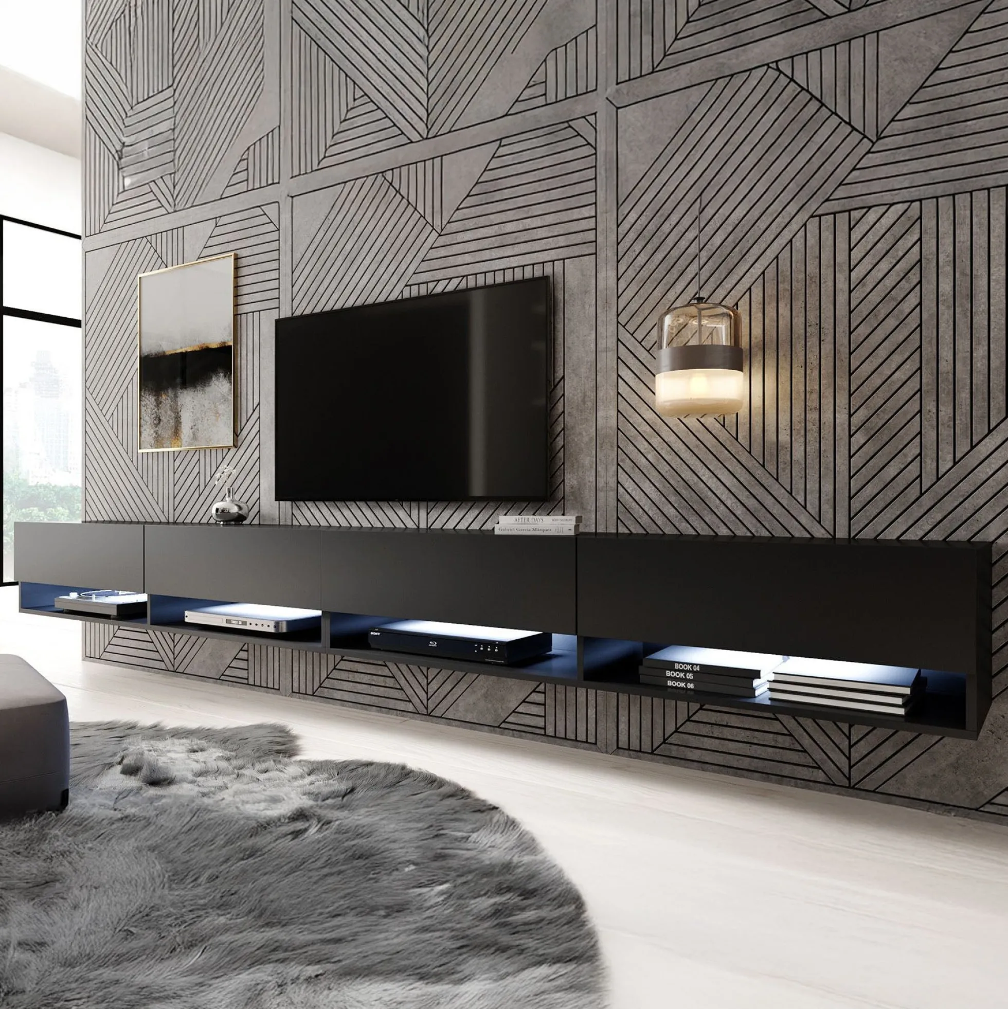 Asino - TV-Meubel met verlichting - Mat zwart - 280 cm