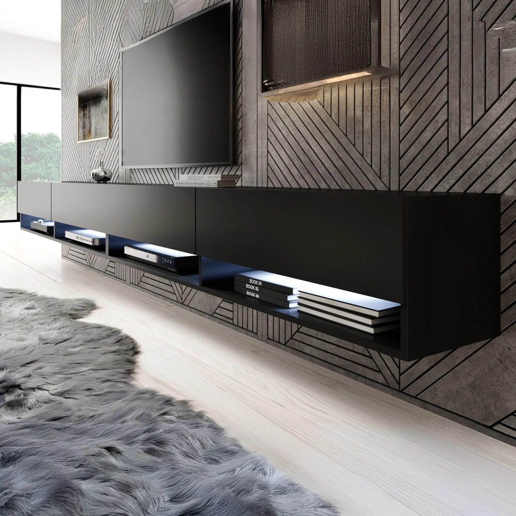 Asino - TV-Meubel met verlichting - Mat zwart - 280 cm