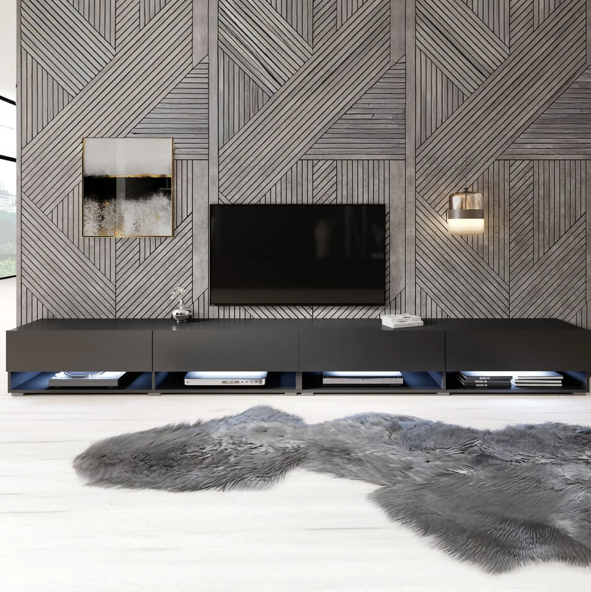 Asino - TV-Meubel met verlichting - Mat zwart - 280 cm